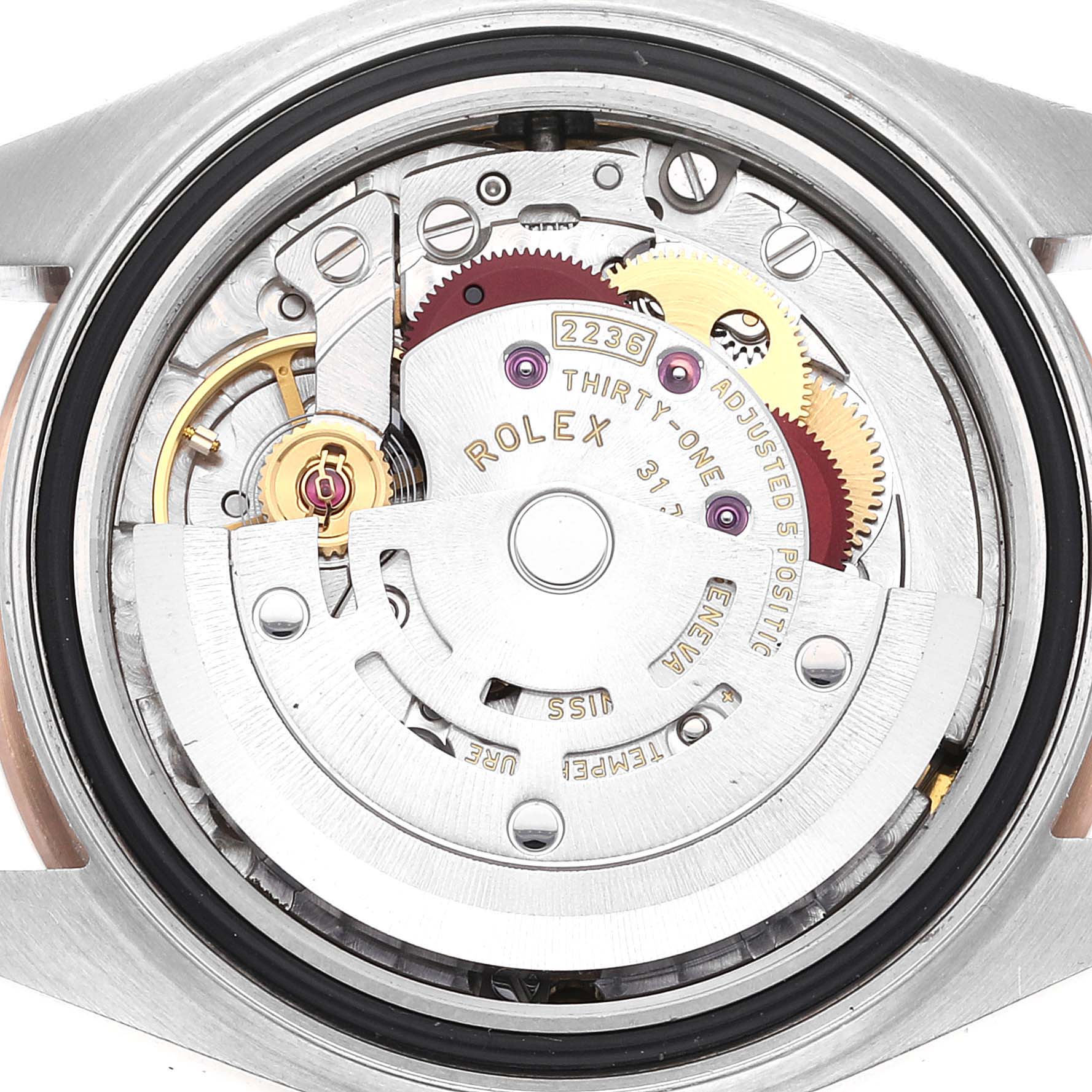 This image shows a close-up view of the movement and inner mechanics of a Rolex Datejust 279381 Women's Steel and Gold (two tone) Brown Dial 279381 Women's Steel and Gold (two tone) Brown Dial watch.