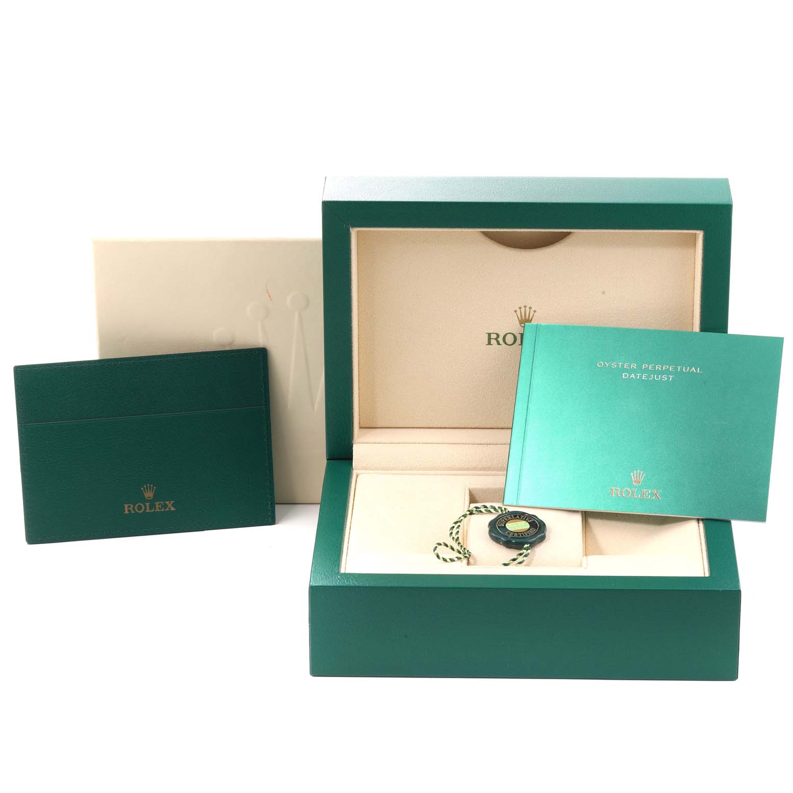 The image shows the packaging, manual, and accessories for a Rolex Datejust 279381 Women's Steel and Gold (two tone) Brown Dial 279381 Women's Steel and Gold (two tone) Brown Dial watch.