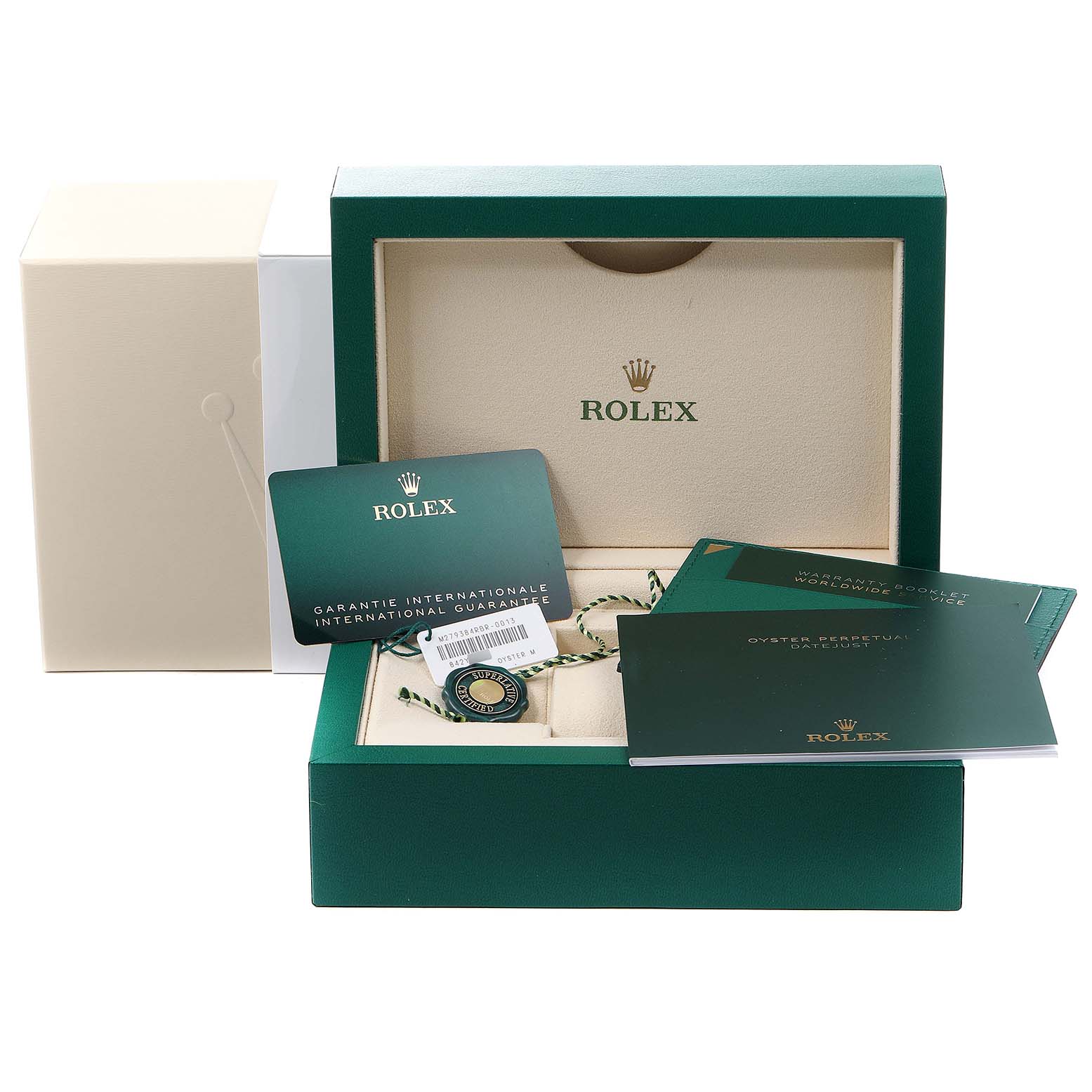 This image shows the Rolex Datejust 279384 Women
s Stainless Steel Pink Dial 279384 Women
s Stainless Steel Pink Dial packaging with warranty cards, booklets, and a hang tag from a front angle.