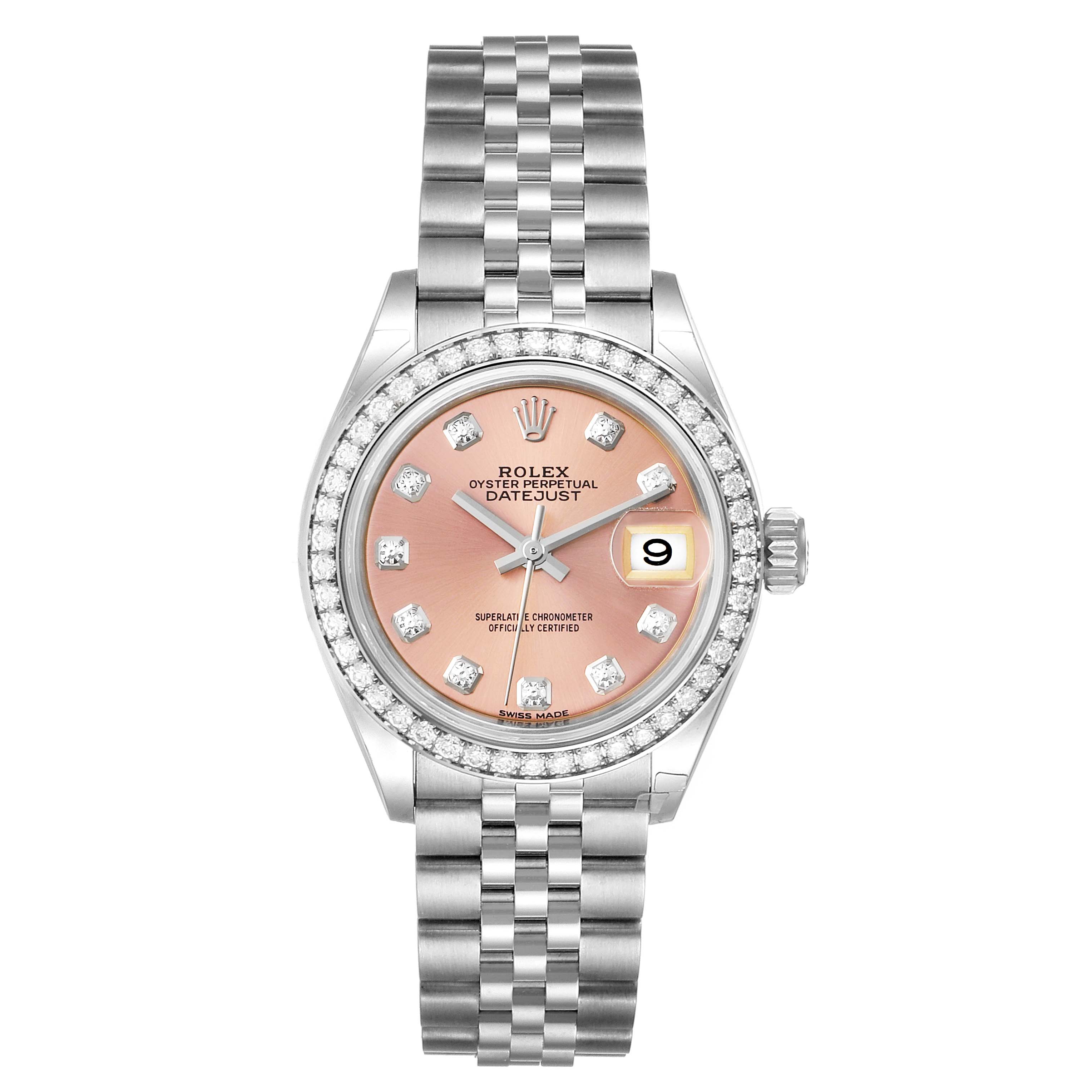 This Rolex Datejust 279384 Women
s Stainless Steel Pink Dial 279384 Women
s Stainless Steel Pink Dial watch is shown from a straight-on angle, displaying the face, bezel, and part of the bracelet.