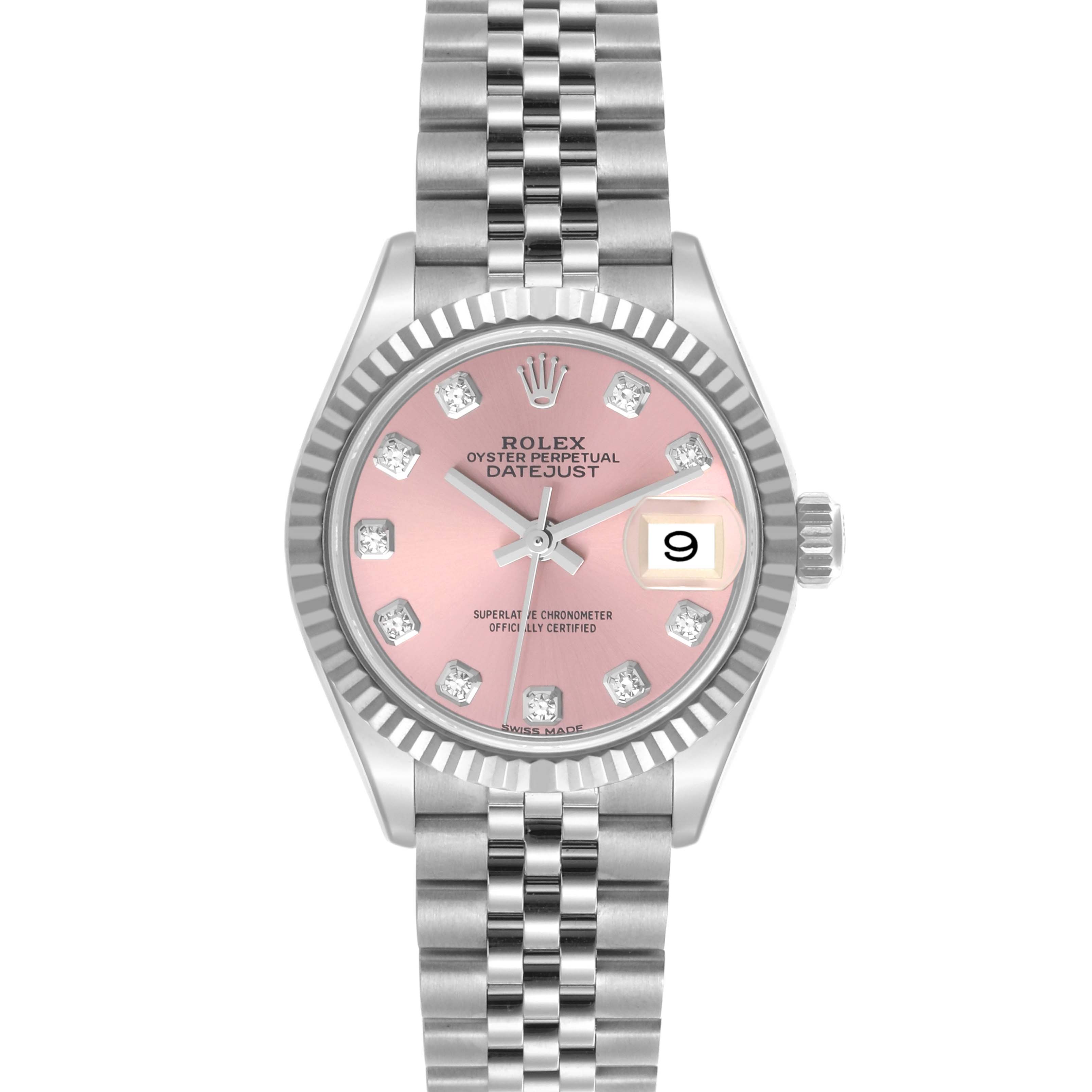 The Rolex Datejust 279174 Women's Stainless Steel Pink Dial 279174 Women's Stainless Steel Pink Dial watch is shown from the front, displaying the pink dial, diamond markers, bezel, and Jubilee bracelet.