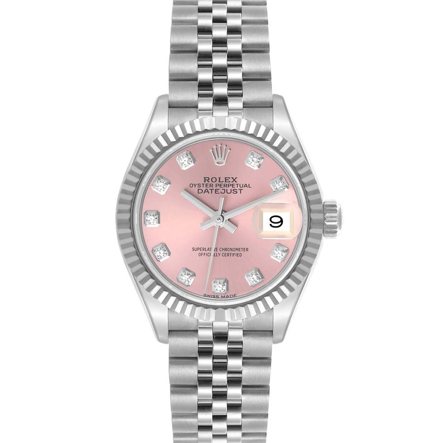 The Rolex Datejust watch is shown from the front, displaying the pink dial, diamond markers, bezel, and Jubilee bracelet.