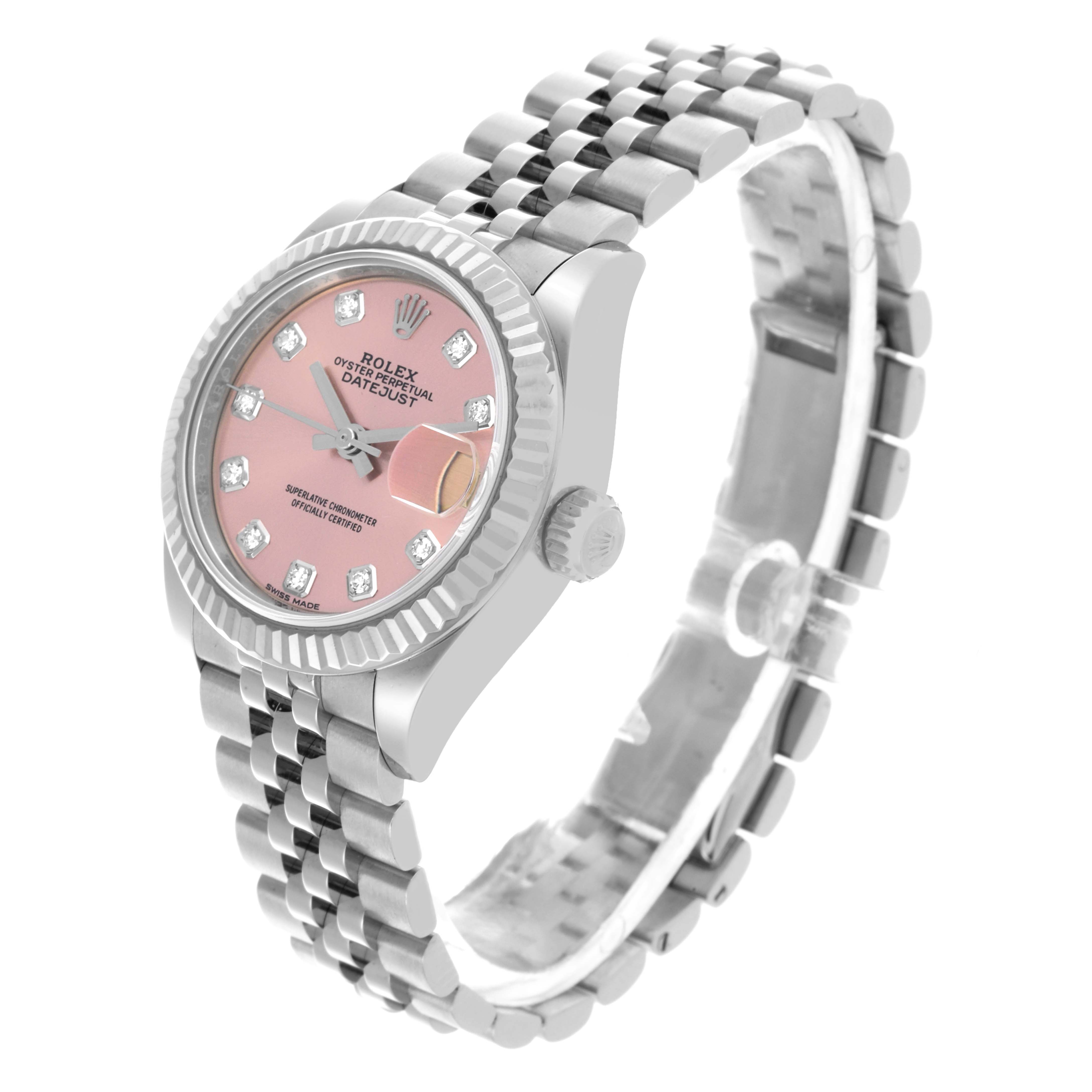 The Rolex Datejust 279174 Women's Stainless Steel Pink Dial 279174 Women's Stainless Steel Pink Dial watch is shown at an angled side view, displaying the bezel, dial, crown, and bracelet.