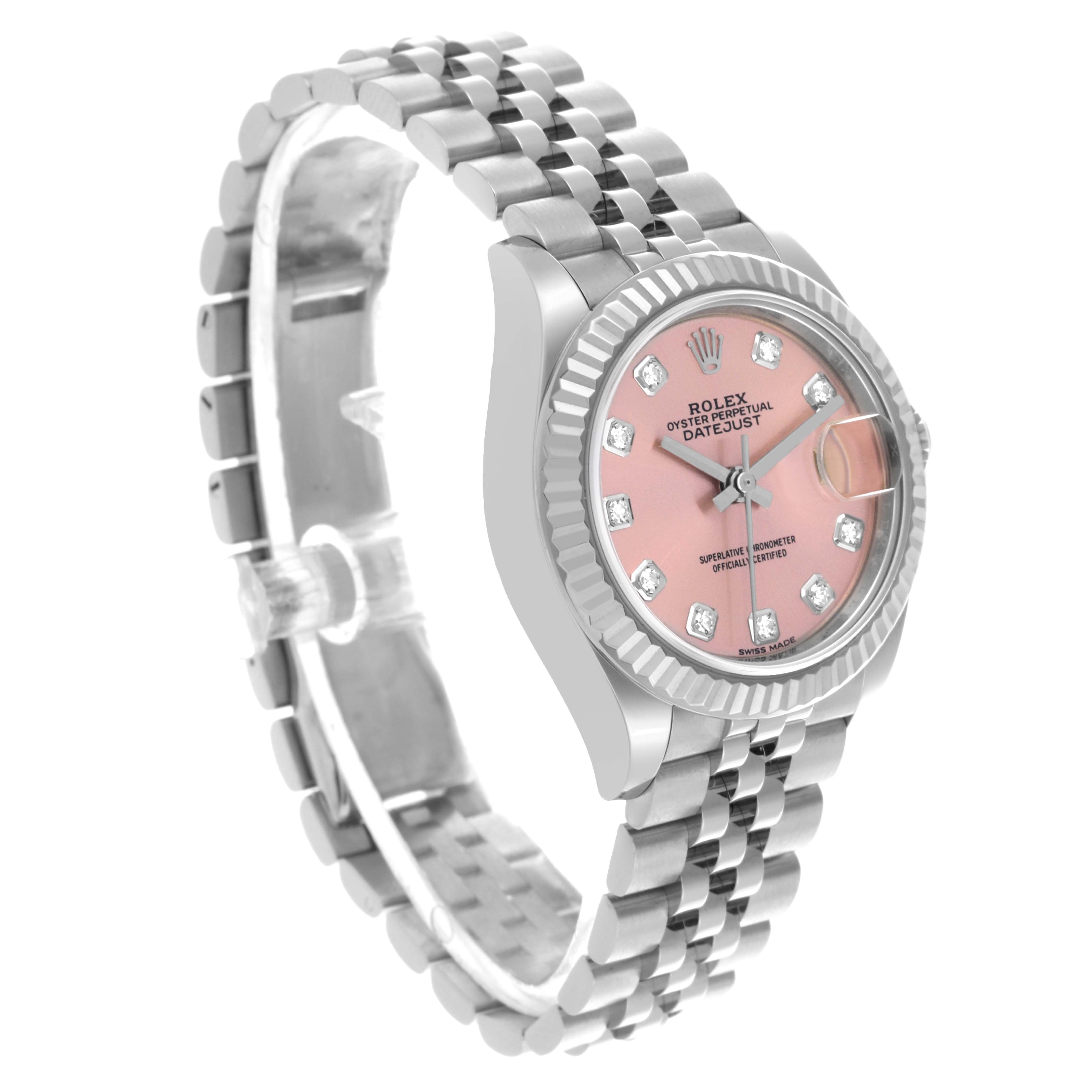 The image shows the Rolex Datejust 279174 Women's Stainless Steel Pink Dial 279174 Women's Stainless Steel Pink Dial watch at a three-quarter angle, highlighting the dial, bezel, and bracelet.