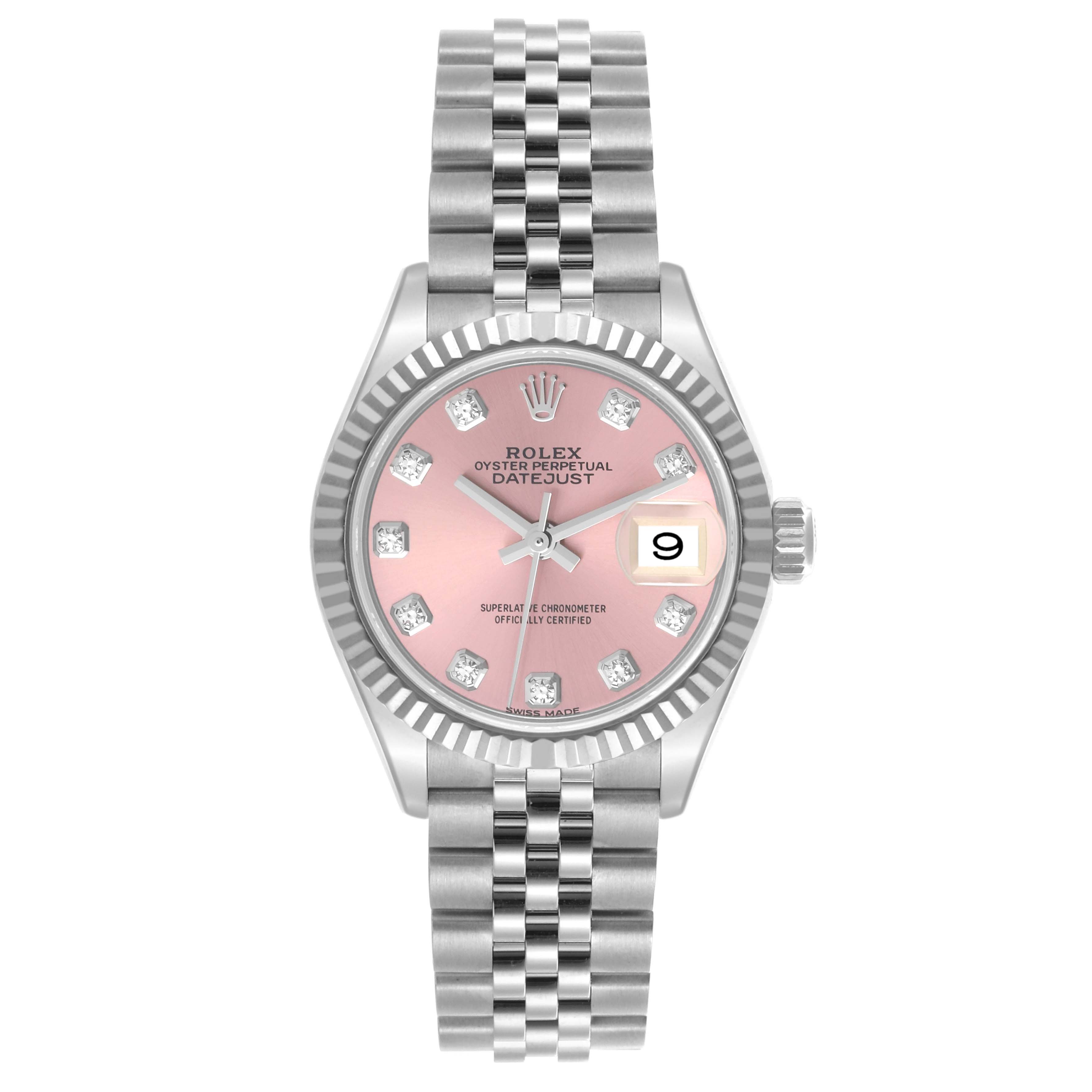 The Rolex Datejust 279174 Women's Stainless Steel Pink Dial 279174 Women's Stainless Steel Pink Dial watch is shown from the front, highlighting the face, bezel, and bracelet.