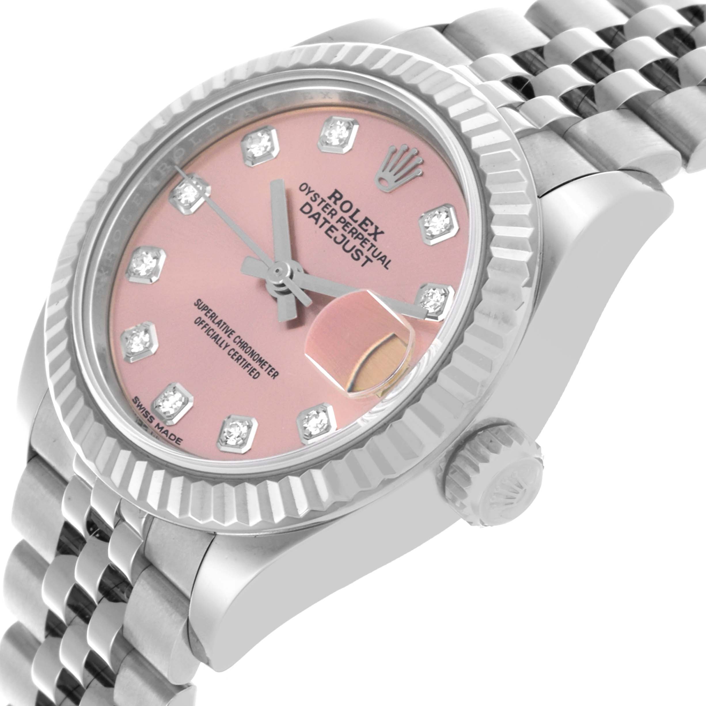The Rolex Datejust 279174 Women's Stainless Steel Pink Dial 279174 Women's Stainless Steel Pink Dial watch is shown at a slight angle, highlighting the pink dial, bezel, crown, and part of the bracelet.
