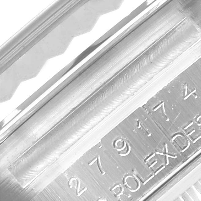 The image shows a close-up of the Rolex Datejust 279174 Women's Stainless Steel Pink Dial 279174 Women's Stainless Steel Pink Dial's engraved watch inner bezel area, highlighting the model details.