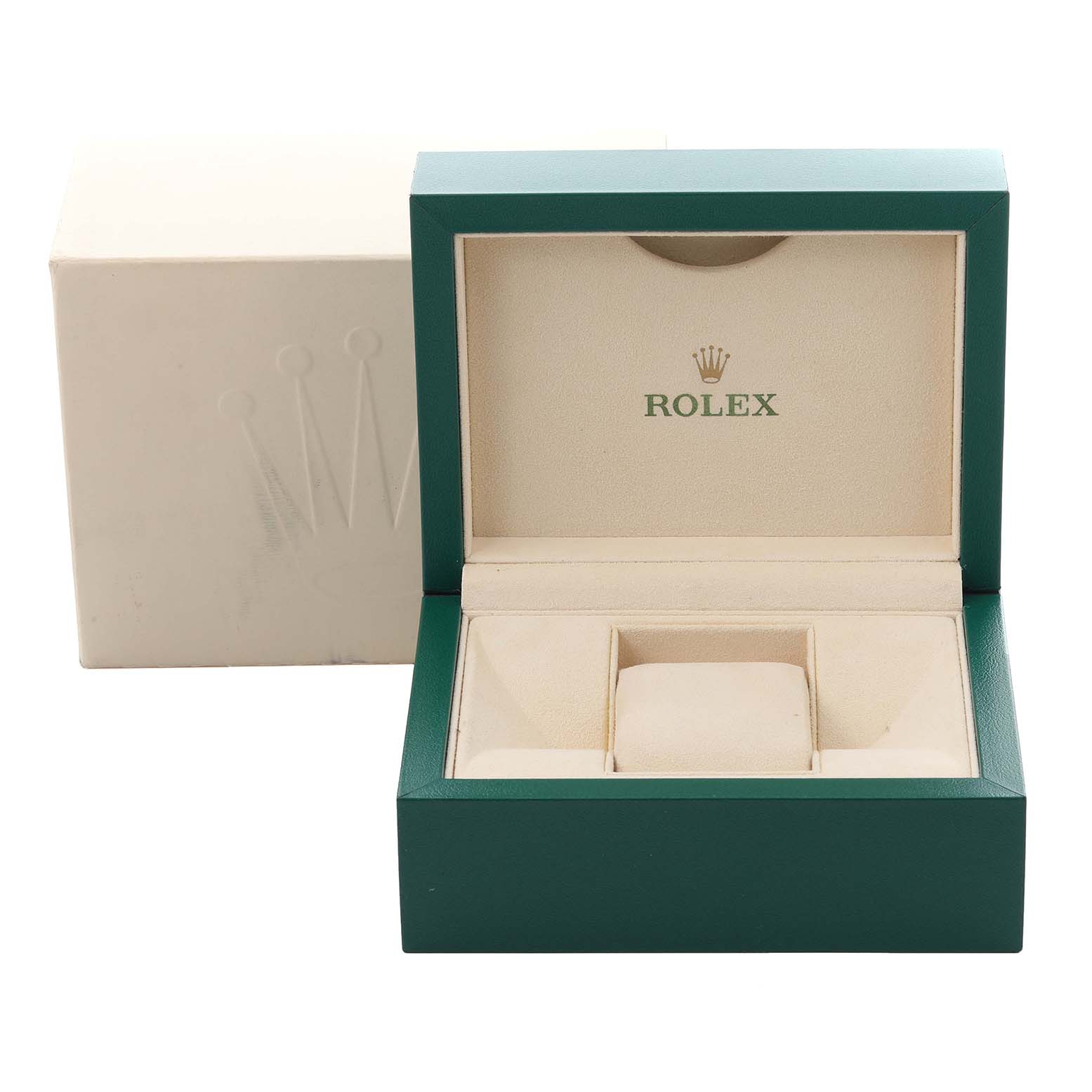 The image shows an open Rolex Datejust 279174 Women's Stainless Steel Pink Dial 279174 Women's Stainless Steel Pink Dial watch box with the brand logo, at a front-facing angle.