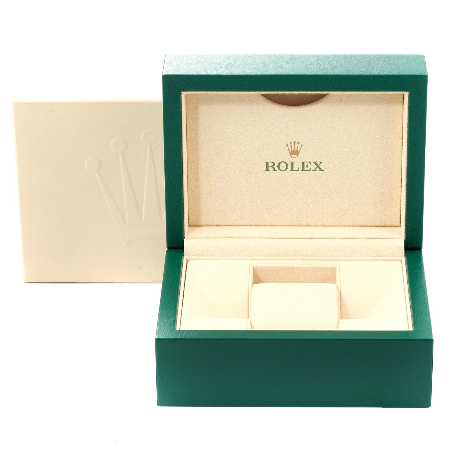 The image features an open green and beige box for a Rolex Datejust 279173 Women's Steel and Gold (two tone) White Dial 279173 Women's Steel and Gold (two tone) White Dial watch, showing the interior compartments and logo.