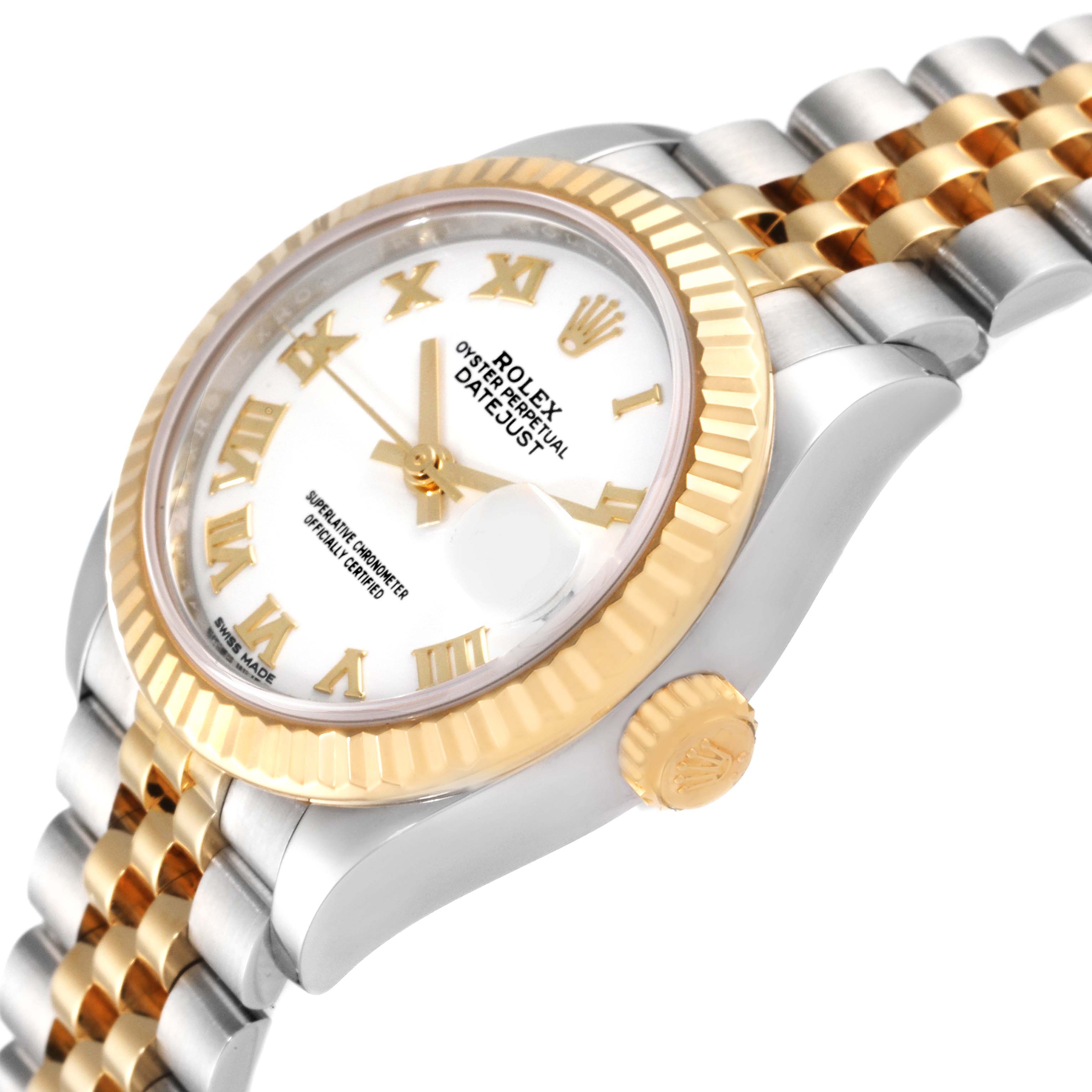 This image shows a close-up angle of the Rolex Datejust 279173 Women's Steel and Gold (two tone) White Dial 279173 Women's Steel and Gold (two tone) White Dial watch, highlighting the crown, bezel, dial, and bracelet.