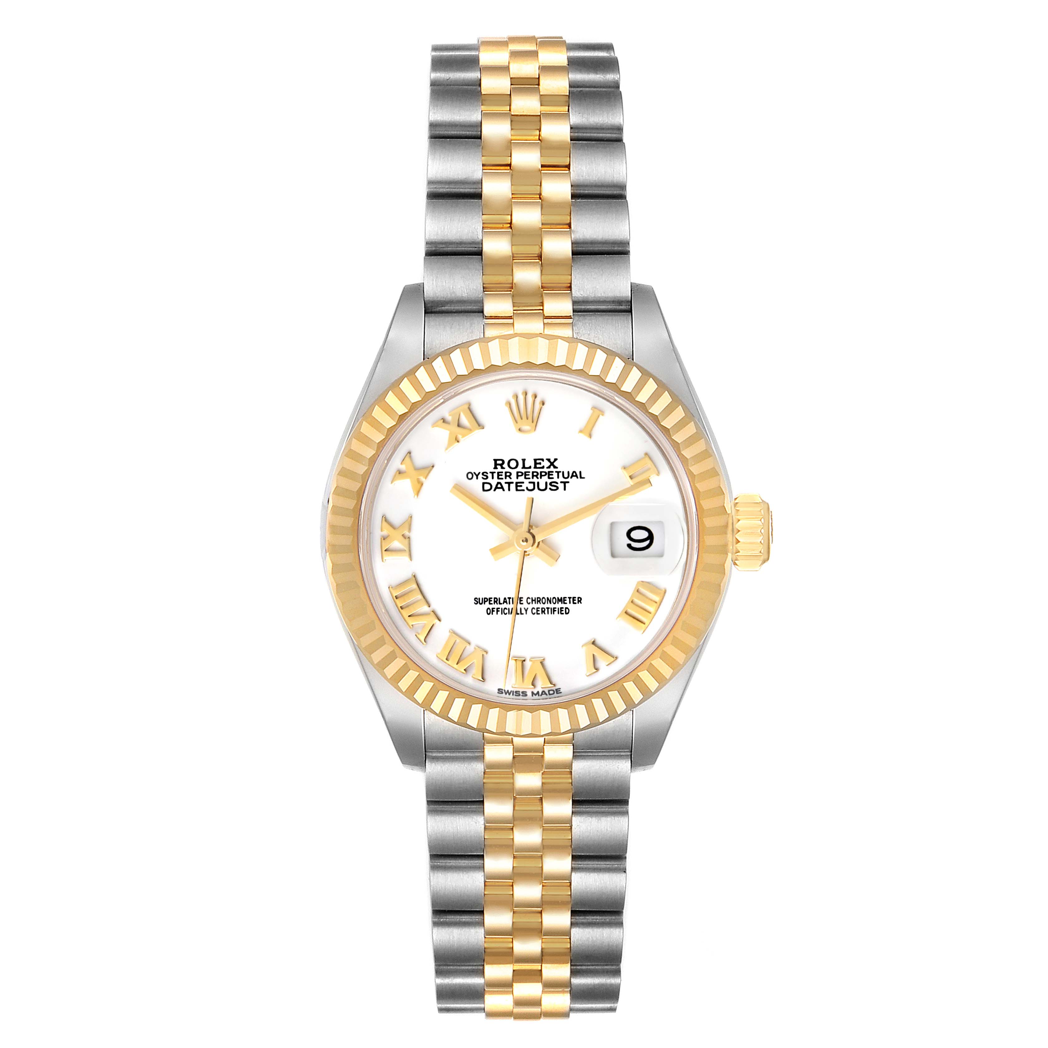 The Rolex Datejust 279173 Women's Steel and Gold (two tone) White Dial 279173 Women's Steel and Gold (two tone) White Dial watch is shown from a straight-on angle, displaying its face, bracelet, bezel, and crown.