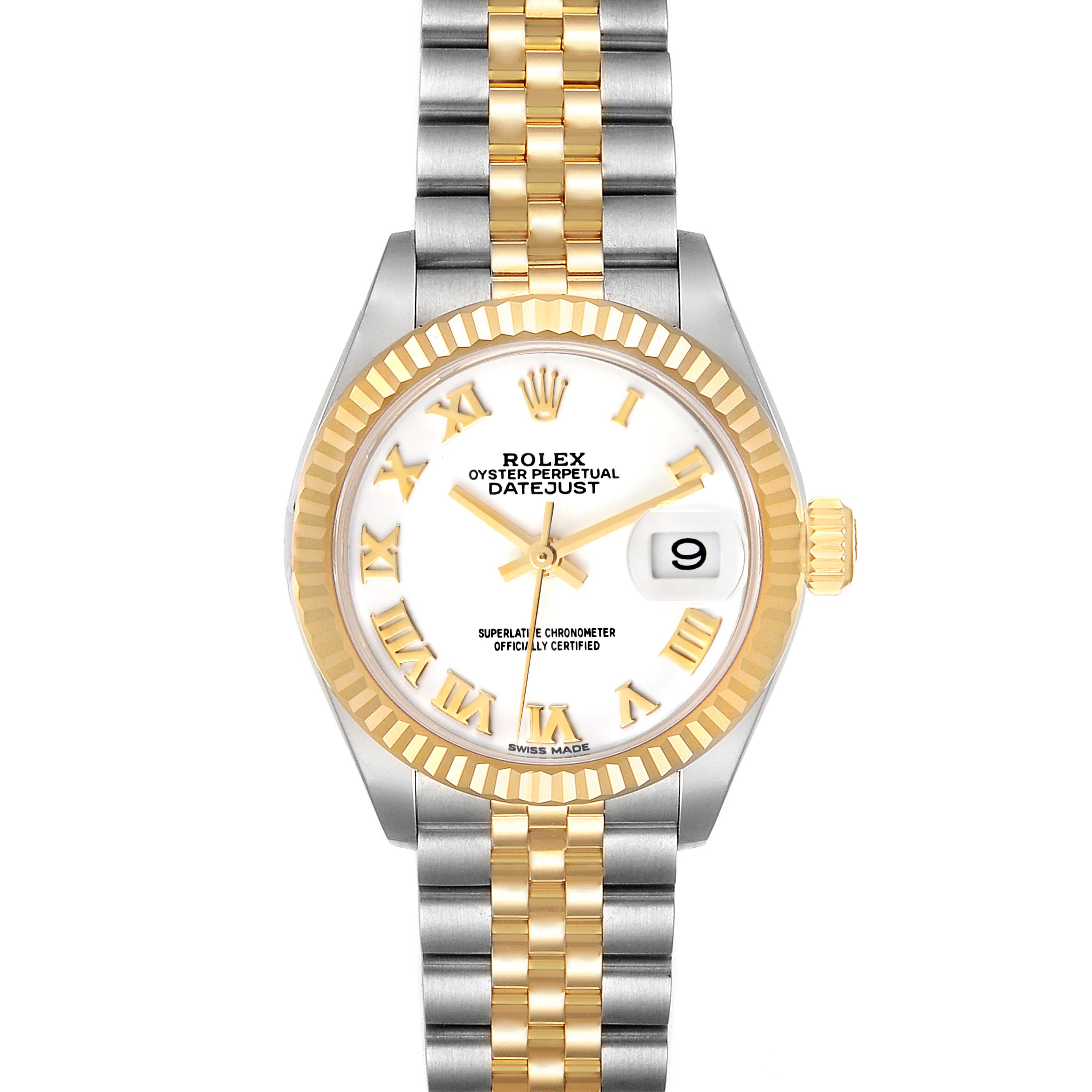 The image shows a front view of the Rolex Datejust 279173 Women's Steel and Gold (two tone) White Dial 279173 Women's Steel and Gold (two tone) White Dial watch, highlighting its gold fluted bezel, two-tone band, and white dial with Roman numerals.