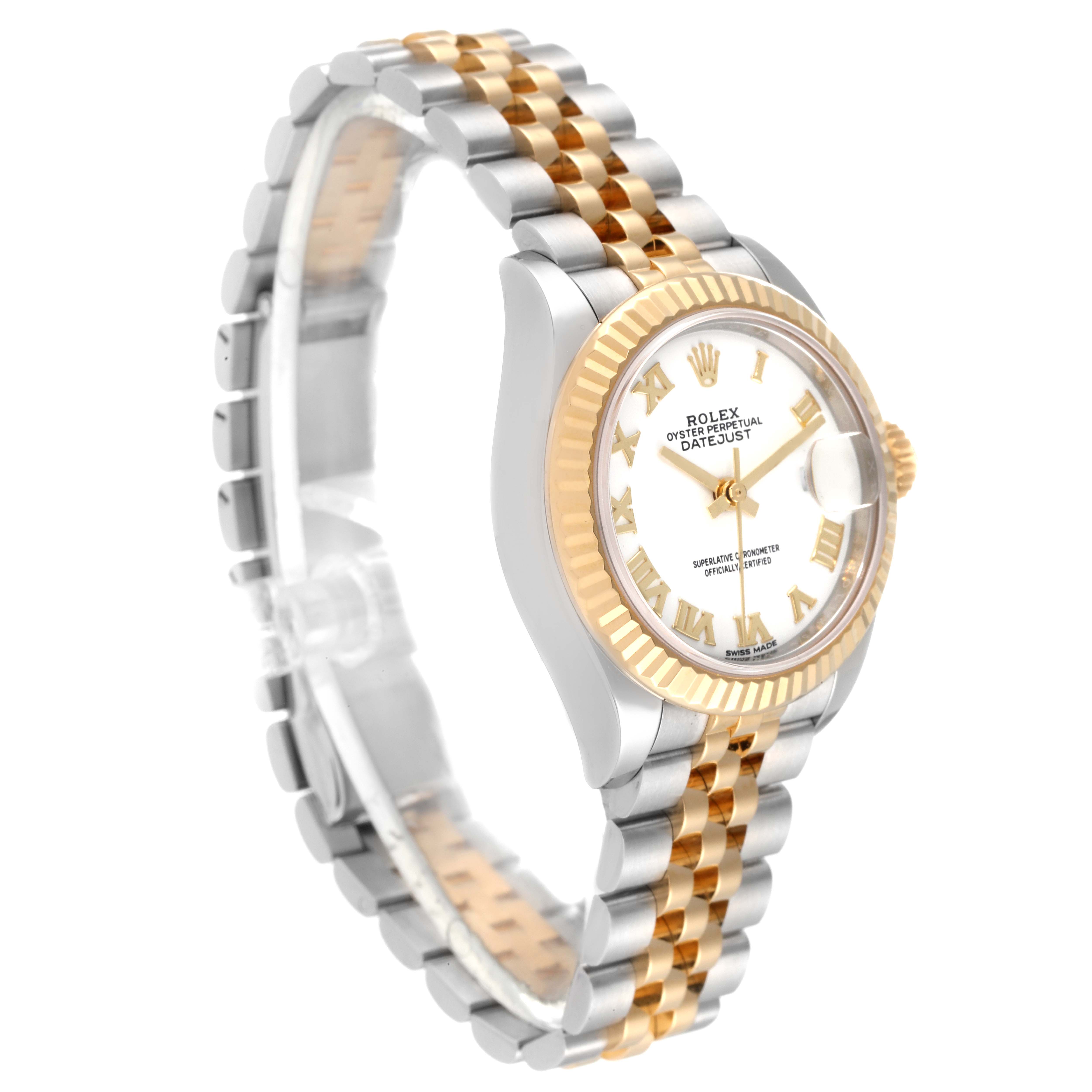 The image shows a side angle of a Rolex Datejust 279173 Women's Steel and Gold (two tone) White Dial 279173 Women's Steel and Gold (two tone) White Dial watch, featuring its two-tone bracelet and fluted bezel.