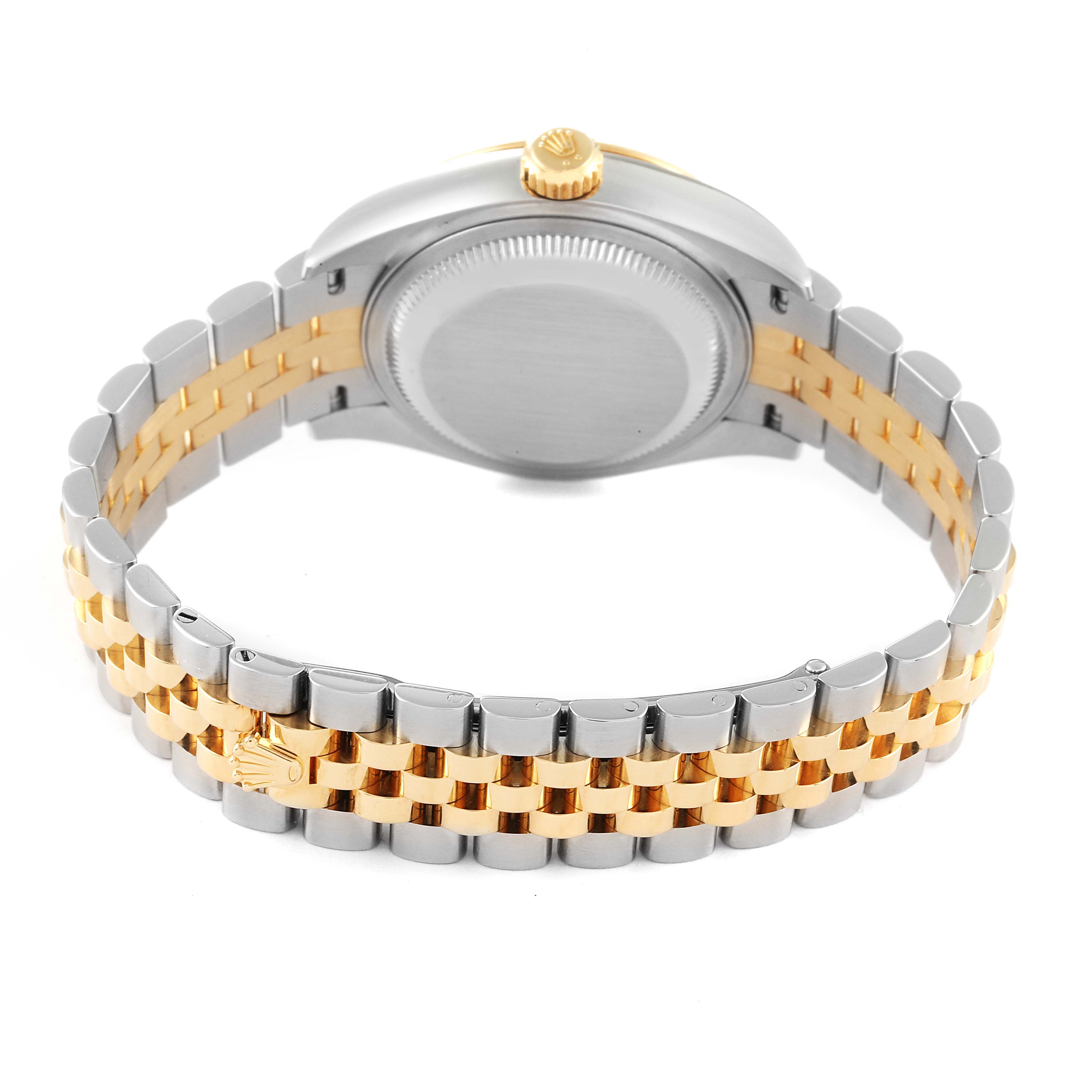 This image shows the back view of a Rolex Datejust 279173 Women's Steel and Gold (two tone) White Dial 279173 Women's Steel and Gold (two tone) White Dial watch, focusing on the caseback and Jubilee bracelet.
