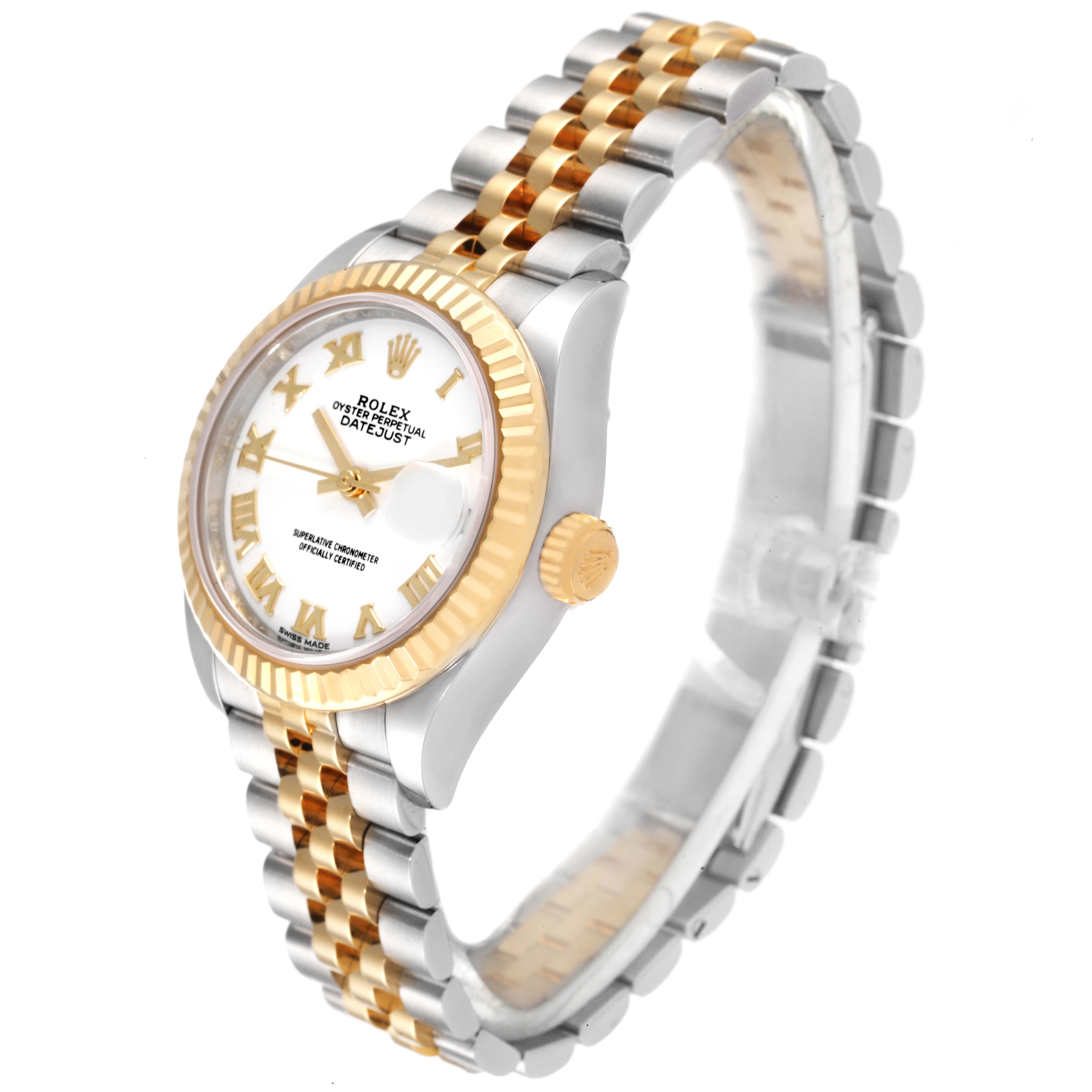 This image shows a Rolex Datejust 279173 Women's Steel and Gold (two tone) White Dial 279173 Women's Steel and Gold (two tone) White Dial watch at an angle showcasing its gold and silver bracelet, fluted bezel, and white dial.