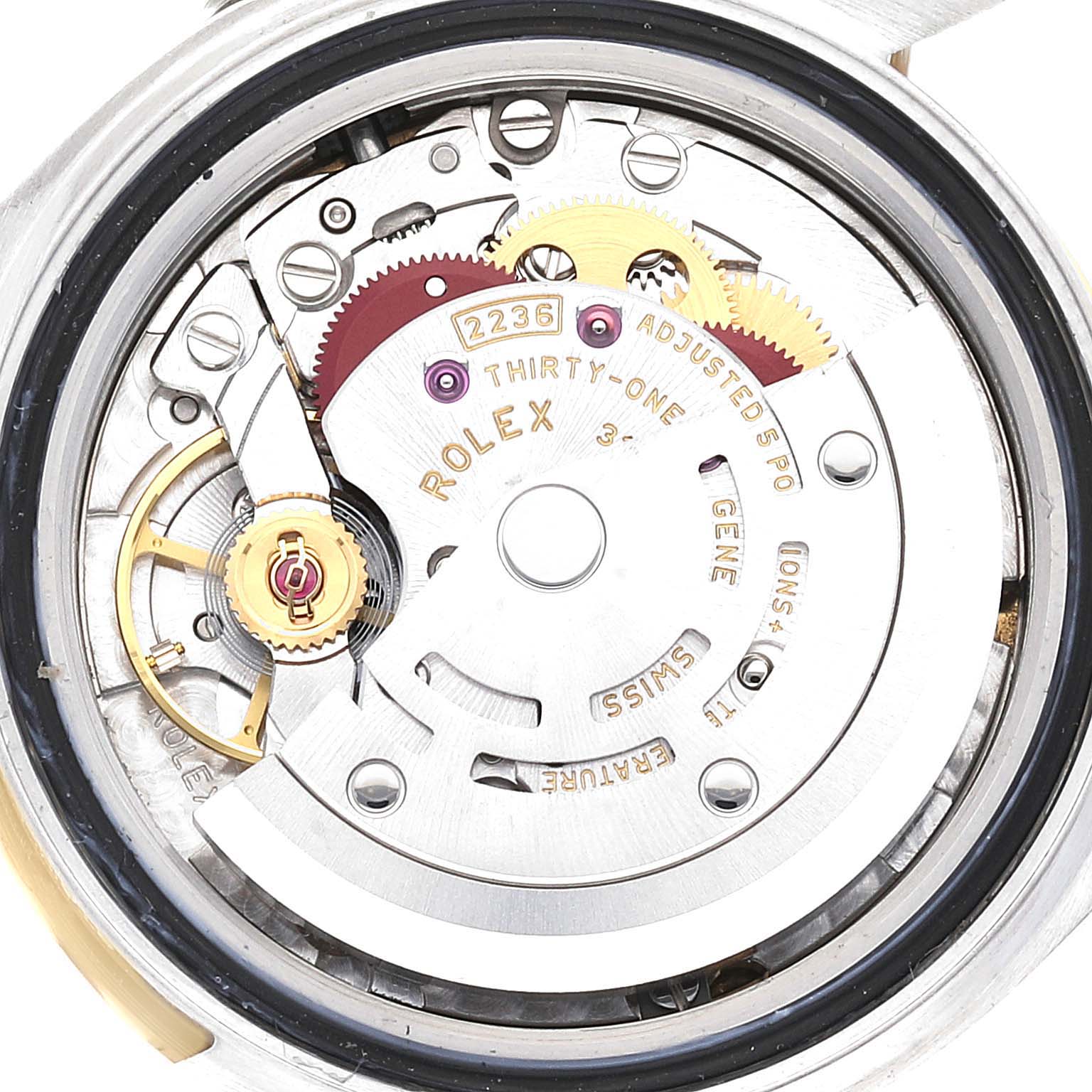 This is a close-up view of the internal movement mechanism of the Rolex Datejust 279173 Women's Steel and Gold (two tone) White Dial 279173 Women's Steel and Gold (two tone) White Dial watch.