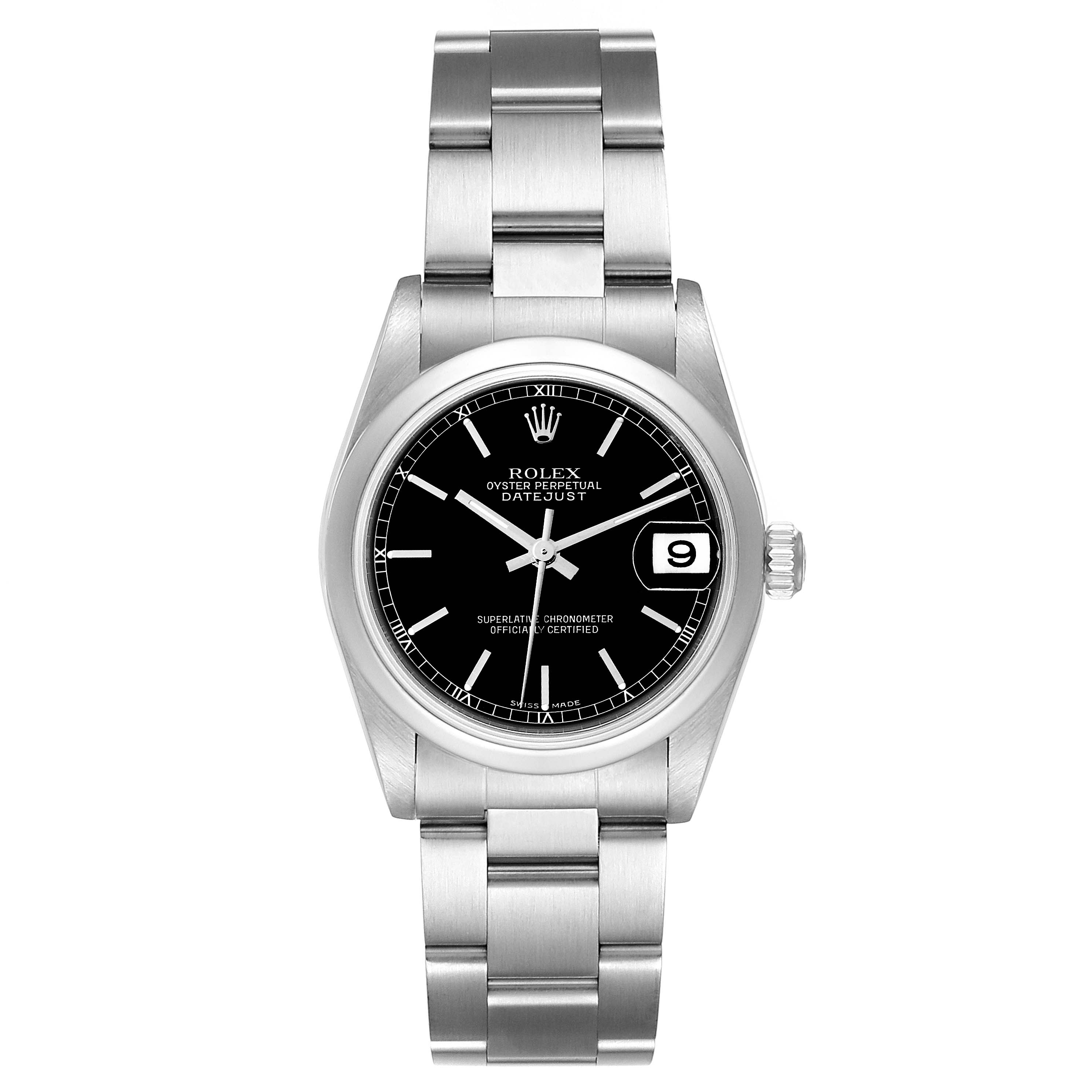 The image shows a frontal view of the Rolex Mid-Size 78240 Women's Stainless Steel Black Dial 78240 Women's Stainless Steel Black Dial Oyster Perpetual Datejust watch, highlighting its dial, bracelet, and date window.