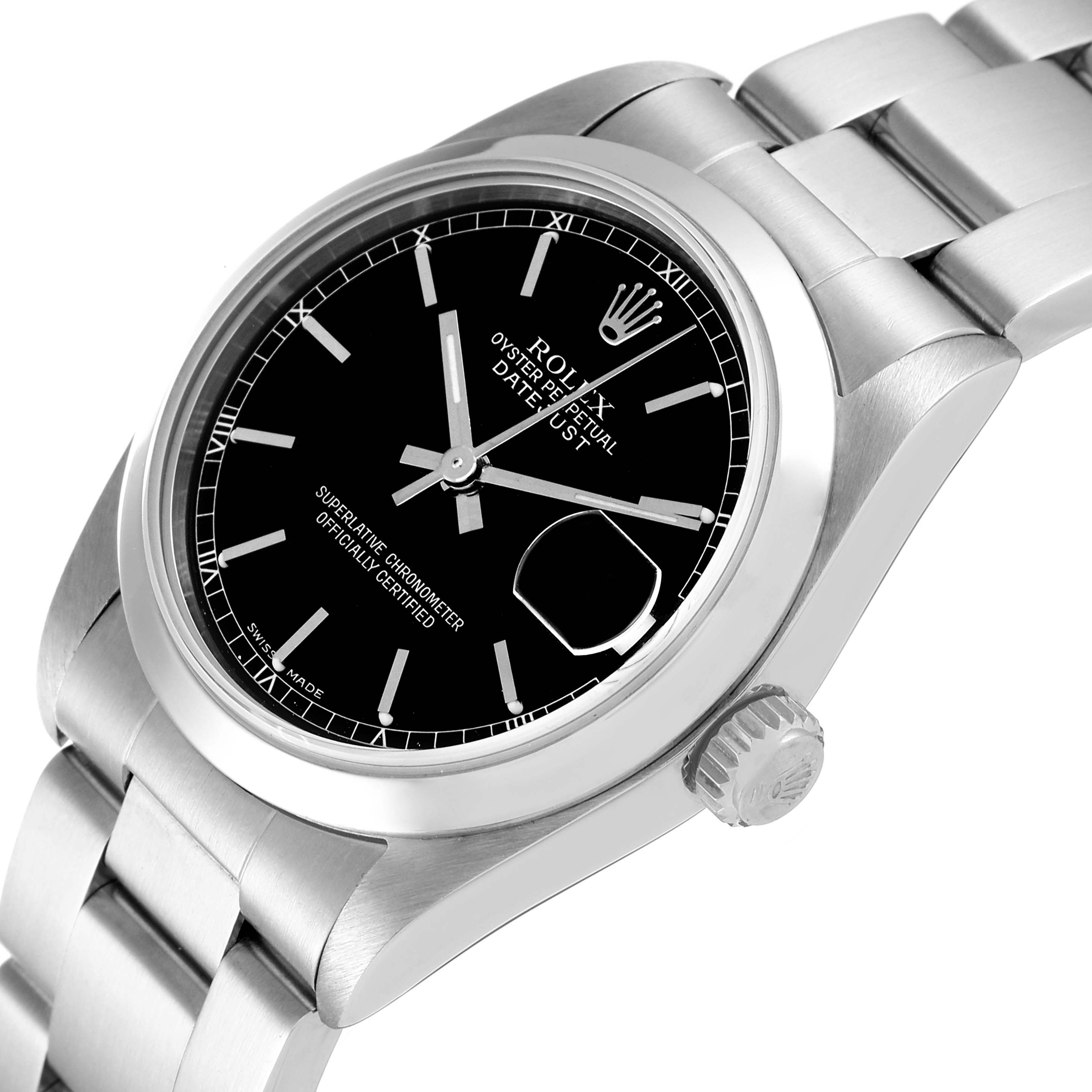 The image shows a side angle of a Mid-Size Rolex Oyster Perpetual Datejust, highlighting the black dial, stainless steel case, and bracelet.