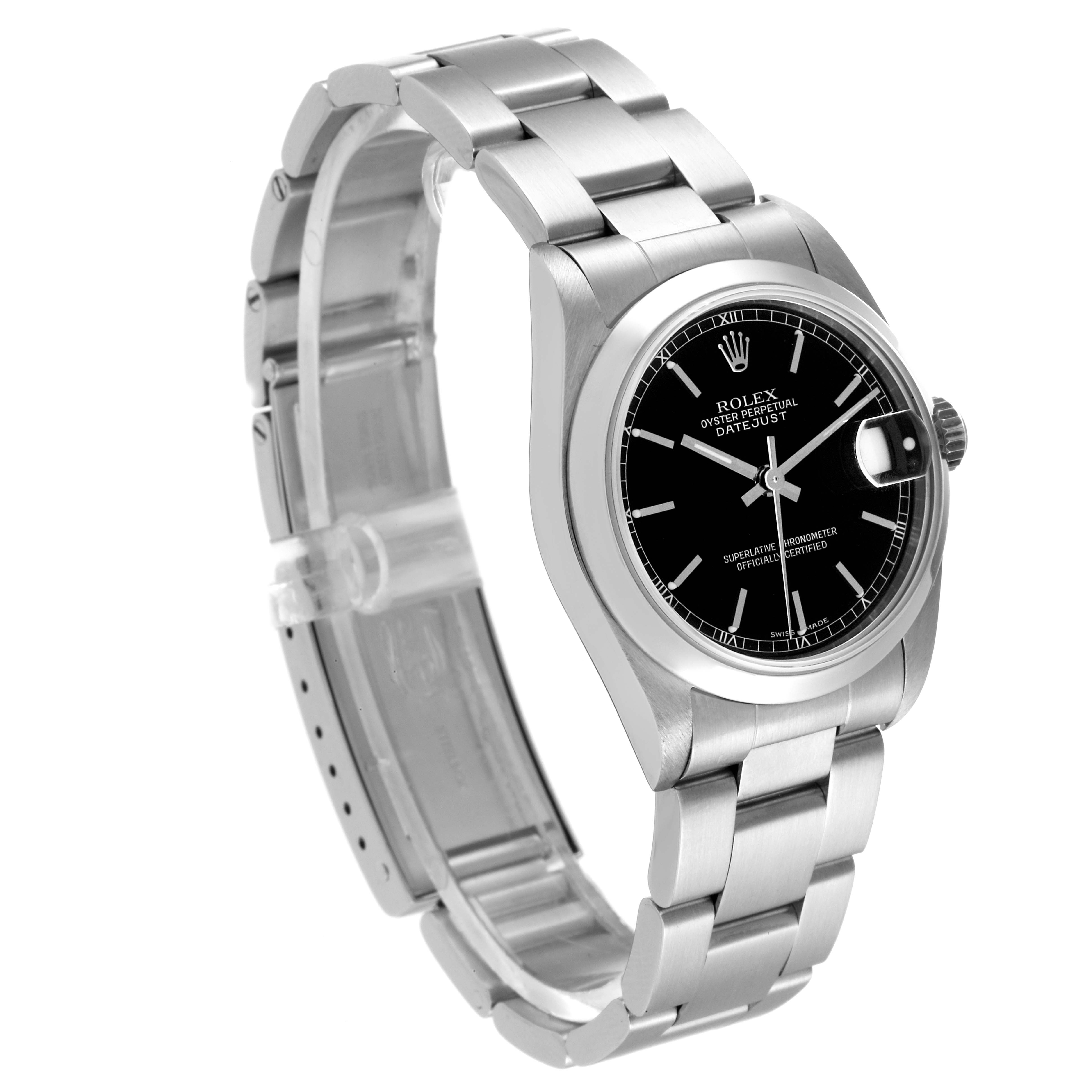 The Rolex Mid-Size 78240 Women's Stainless Steel Black Dial 78240 Women's Stainless Steel Black Dial model is shown at a slight angle, showcasing the face, bezel, crown, and partially open bracelet.