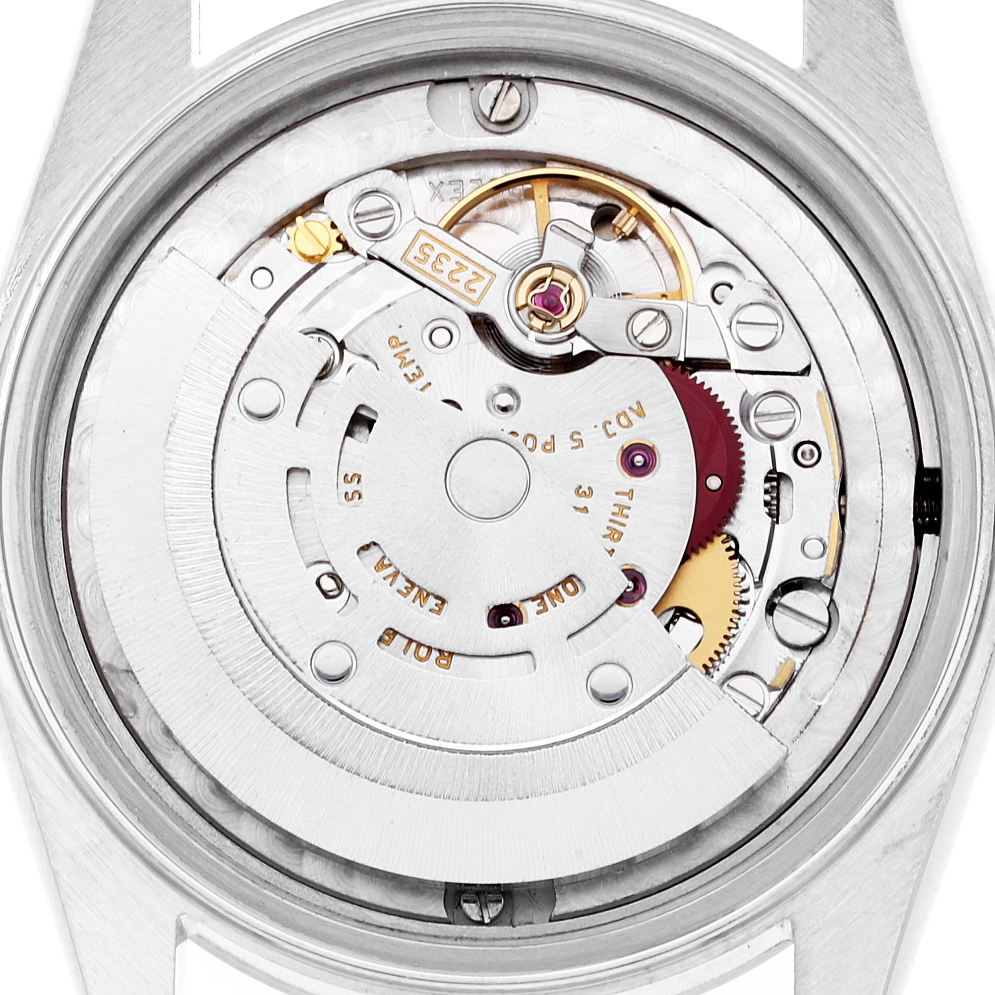 This image shows the internal mechanical movement of a Rolex Mid-Size 78240 Women's Stainless Steel Black Dial 78240 Women's Stainless Steel Black Dial watch viewed from the back.