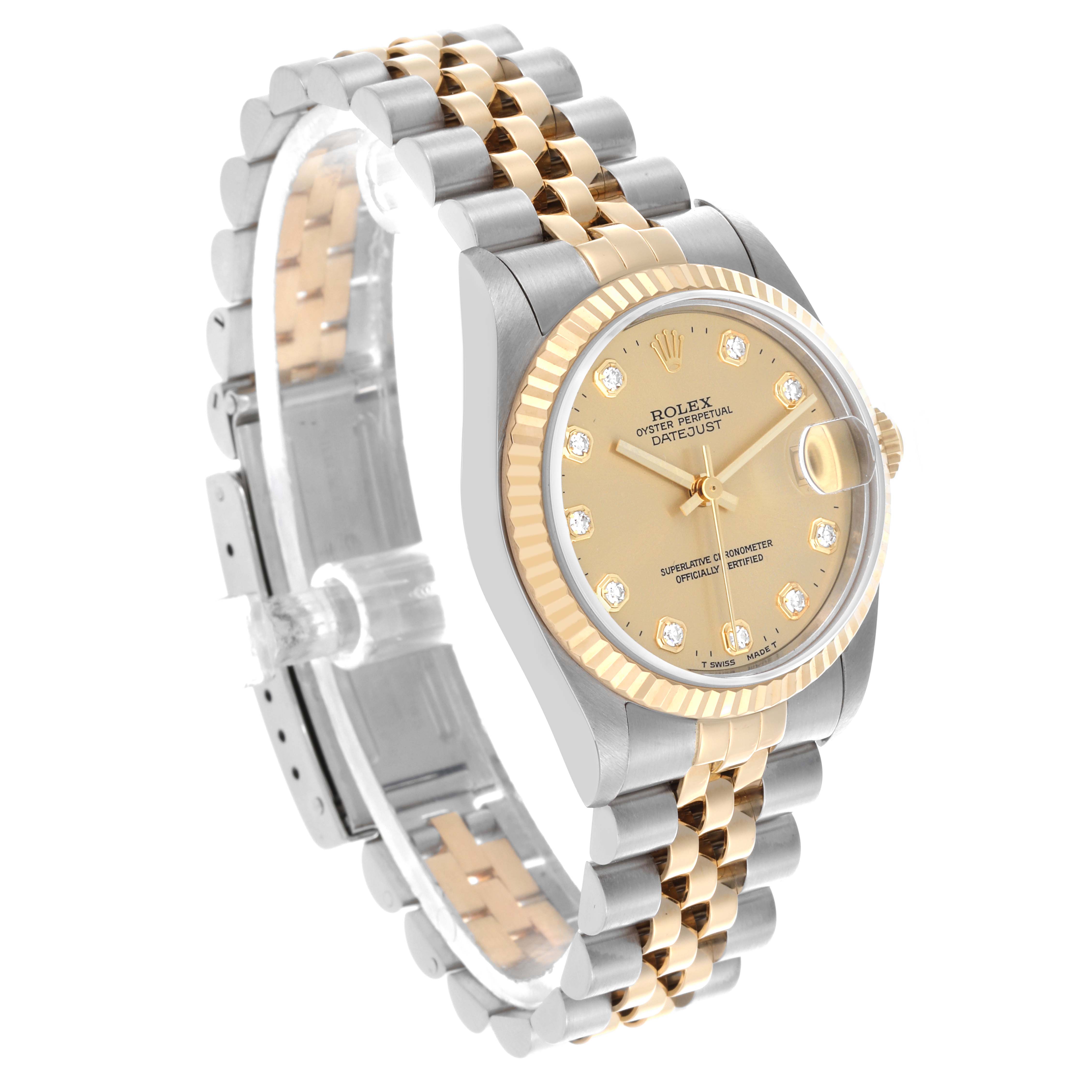 The Rolex Mid-Size 68273 Women's Steel and Gold (two tone) Champagne Dial 68273 Women's Steel and Gold (two tone) Champagne Dial is shown at a three-quarter angle, displaying the face, bezel, and distinctive two-tone bracelet.