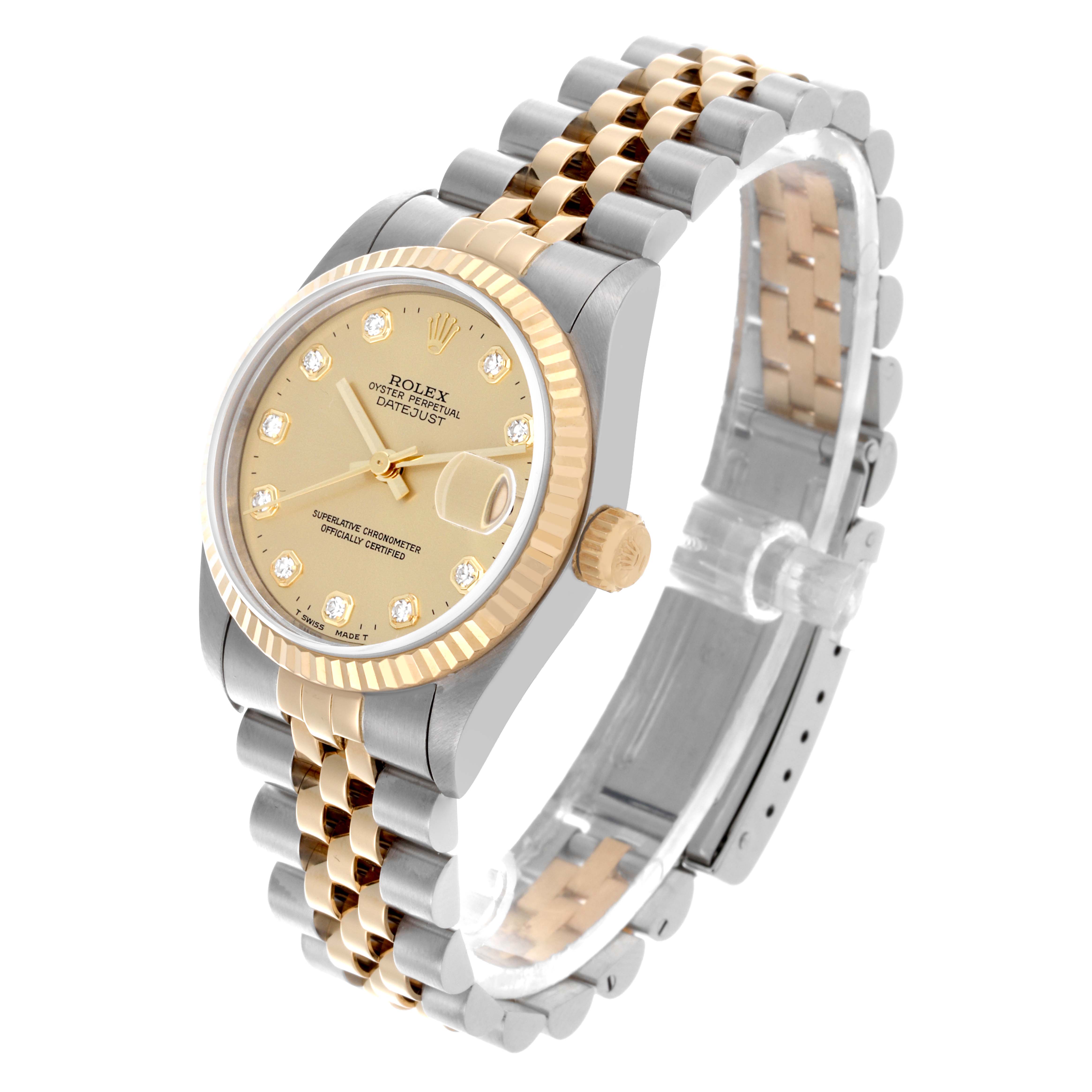 The Rolex Mid-Size 68273 Women's Steel and Gold (two tone) Champagne Dial 68273 Women's Steel and Gold (two tone) Champagne Dial watch is shown at a 3/4 angle, displaying the face, bezel, crown, and the two-tone bracelet.