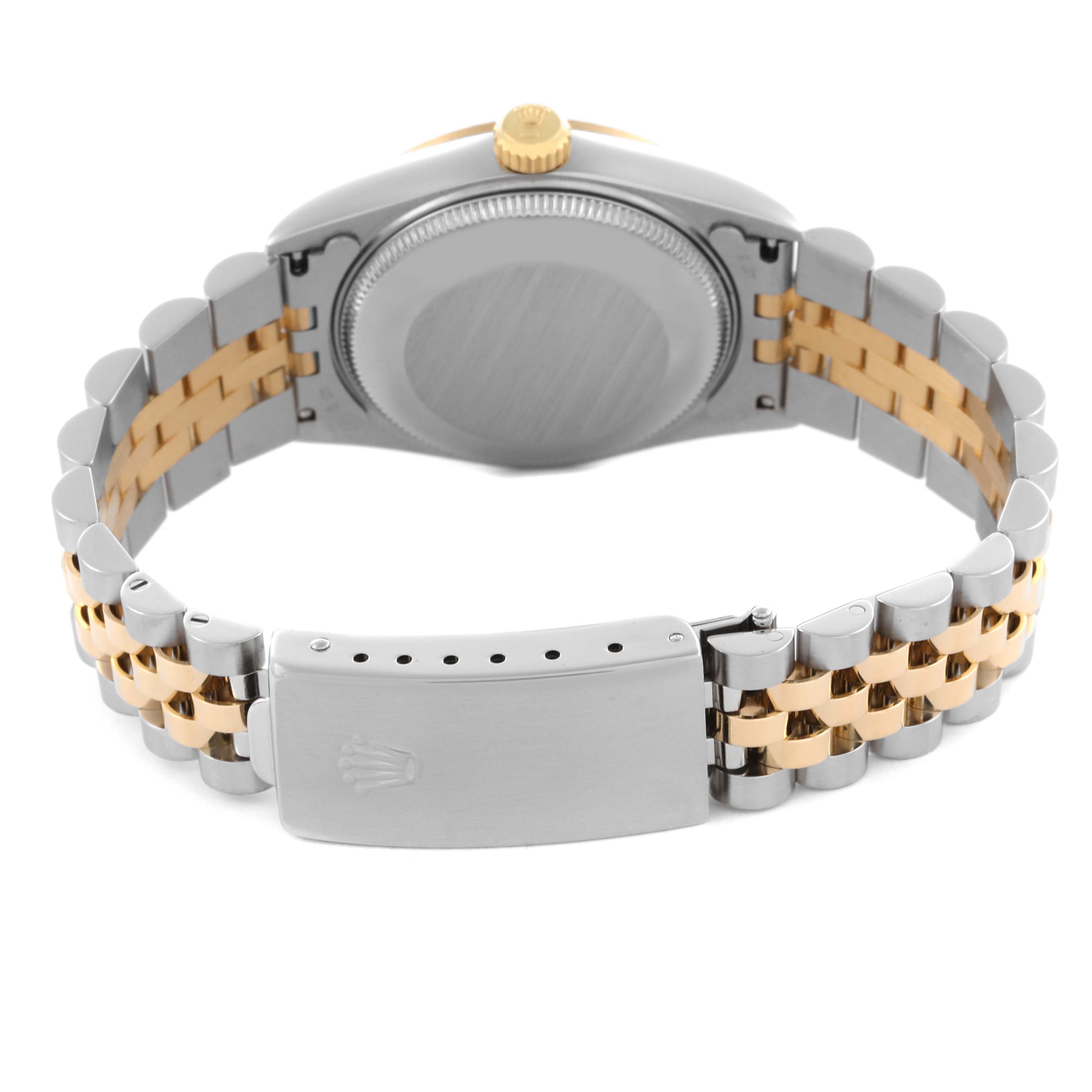 The Rolex Mid-Size 68273 Women's Steel and Gold (two tone) Champagne Dial 68273 Women's Steel and Gold (two tone) Champagne Dial watch is shown from the rear, highlighting the case back, bracelet, and clasp.