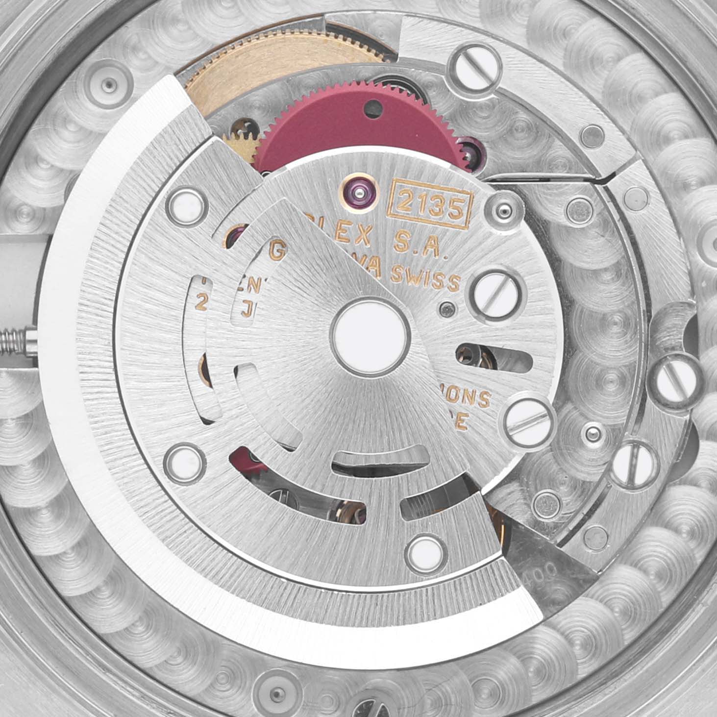 This image shows the internal mechanism of a Rolex Mid-Size 68273 Women's Steel and Gold (two tone) Champagne Dial 68273 Women's Steel and Gold (two tone) Champagne Dial model, showcasing gears and the rotor from a top view.