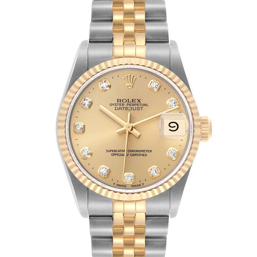 The Rolex Datejust Mid-Size watch is shown from the front, displaying the face, bezel, and bracelet.