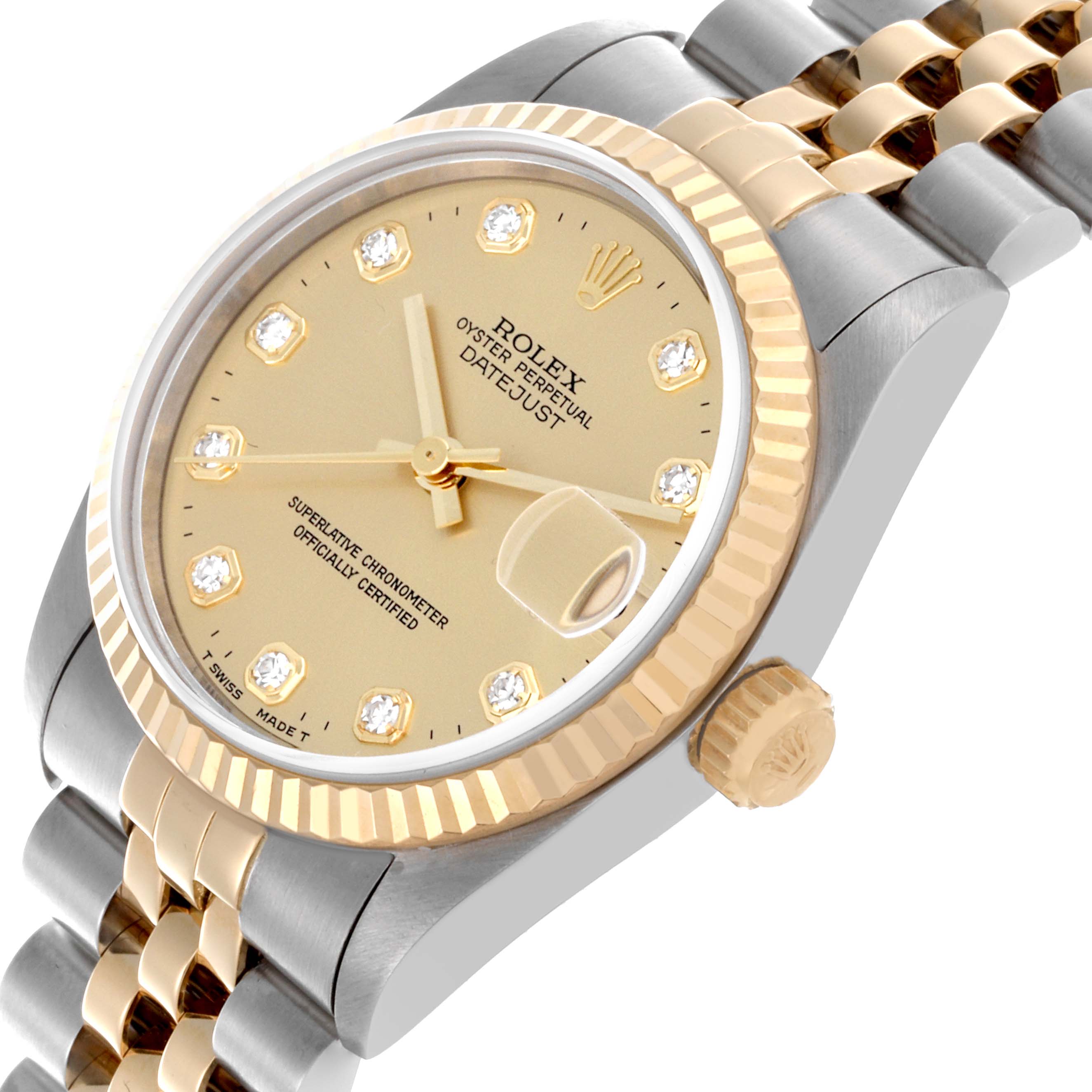 The Rolex Datejust Mid-Size watch is shown at an angled view, highlighting the dial, case, bezel, crown, and bracelet.