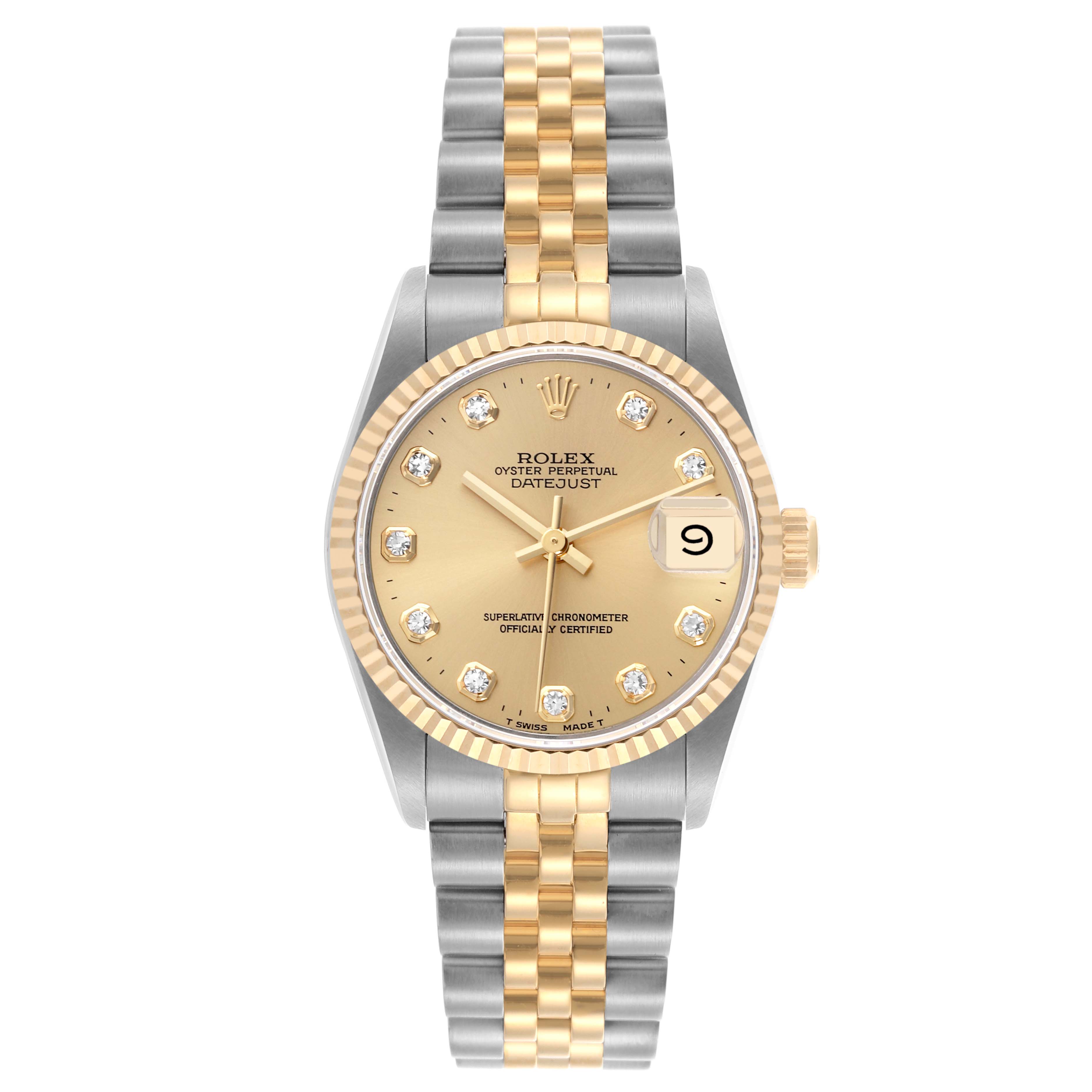 The Rolex Datejust Mid-Size is shown from the front, highlighting the dial, bezel, and bracelet.