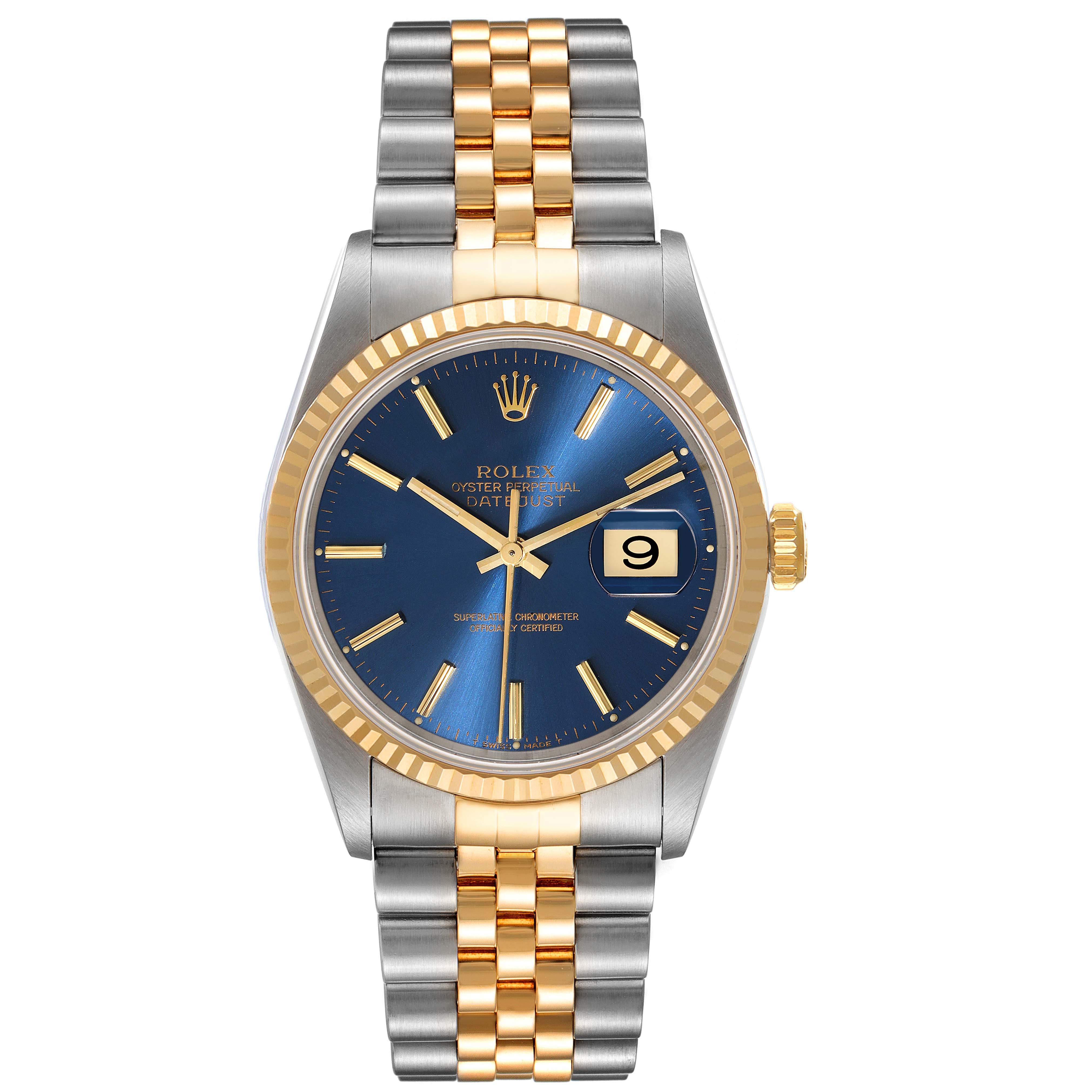 This image shows a Rolex Datejust 16233 Men's Steel and Gold (two tone) Blue Dial 16233 Men's Steel and Gold (two tone) Blue Dial watch from a front angle, displaying its face, bezel, and part of the bracelet.
