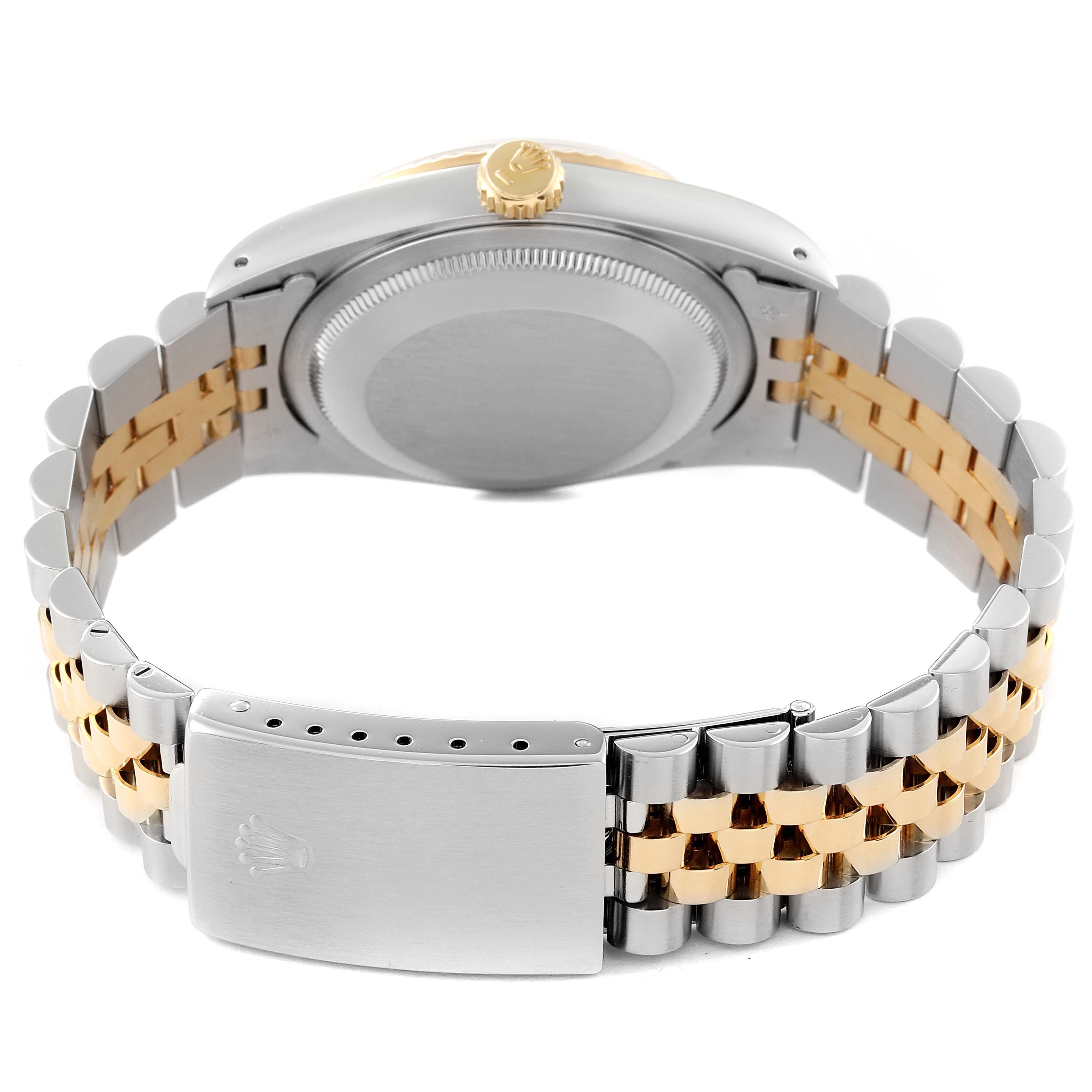 The image shows the rear view of the Rolex Datejust 16233 Men's Steel and Gold (two tone) Blue Dial 16233 Men's Steel and Gold (two tone) Blue Dial watch, highlighting its case back, crown, and two-tone bracelet.