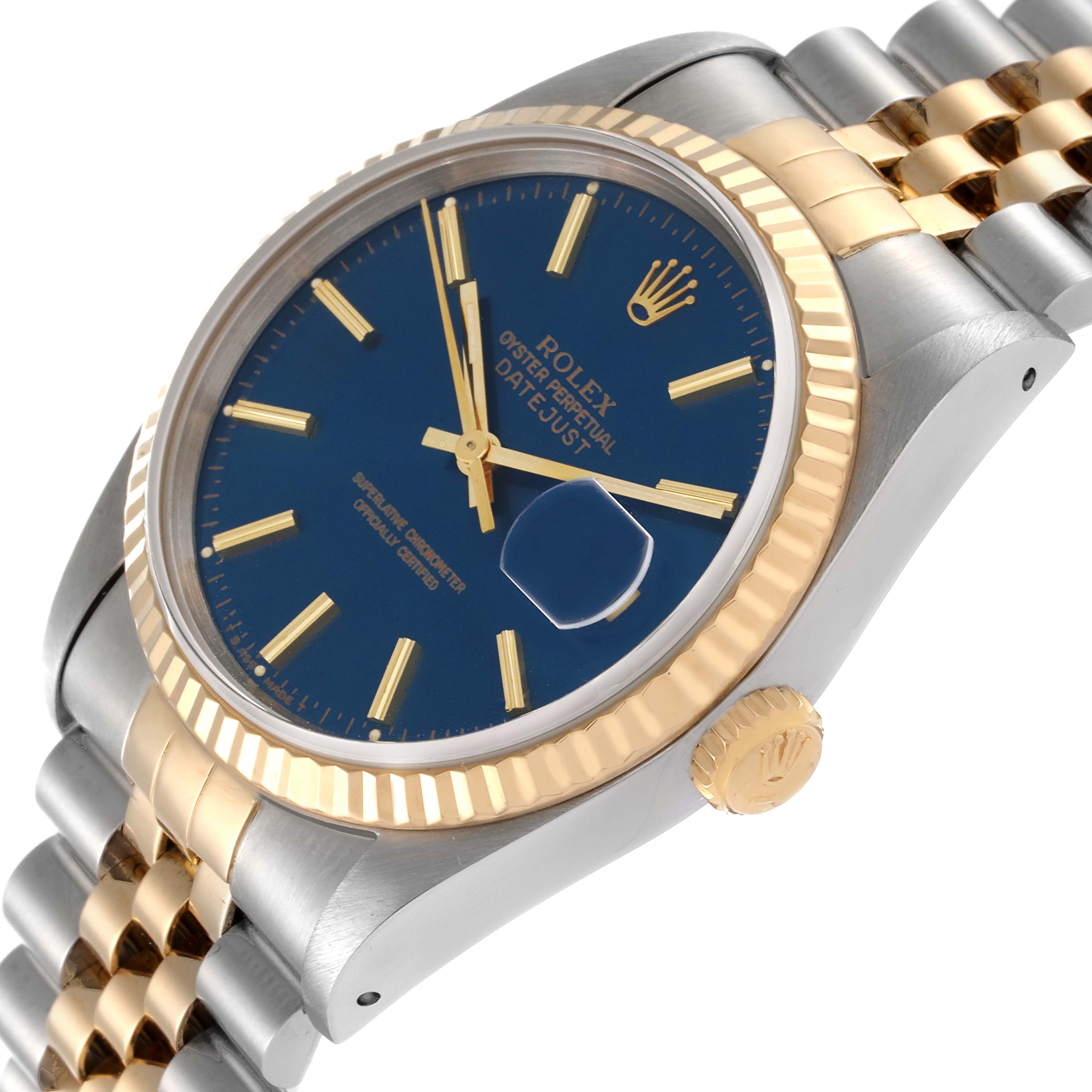 The image shows a Rolex Datejust 16233 Men's Steel and Gold (two tone) Blue Dial 16233 Men's Steel and Gold (two tone) Blue Dial watch at an oblique angle, highlighting the blue dial, gold fluted bezel, and two-tone bracelet.