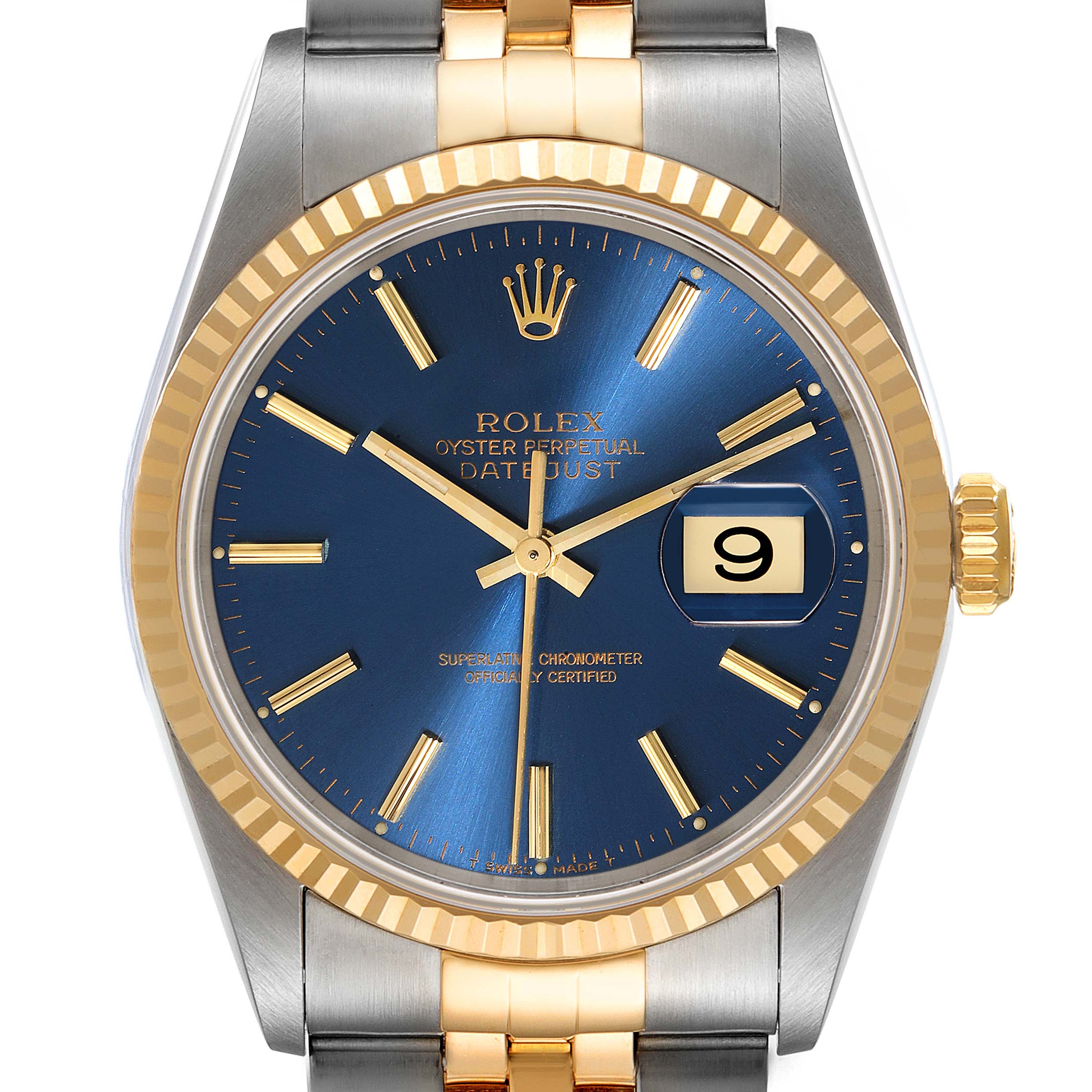 This image shows a front view of a Rolex Datejust 16233 Men's Steel and Gold (two tone) Blue Dial 16233 Men's Steel and Gold (two tone) Blue Dial watch, highlighting the blue dial, gold hands, date window, and two-tone bracelet.
