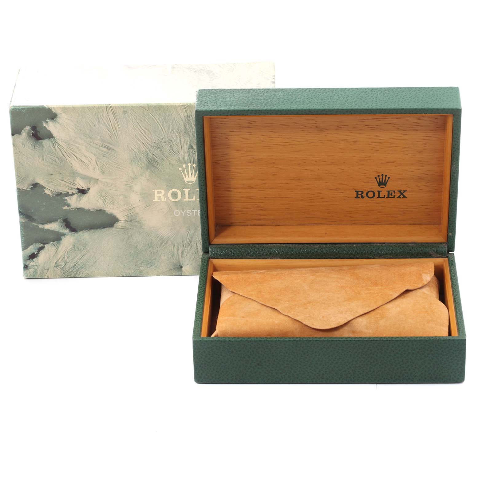 This image shows an open, empty Rolex Datejust 16233 Men's Steel and Gold (two tone) Blue Dial 16233 Men's Steel and Gold (two tone) Blue Dial green watch box, with a closed brown pouch inside.