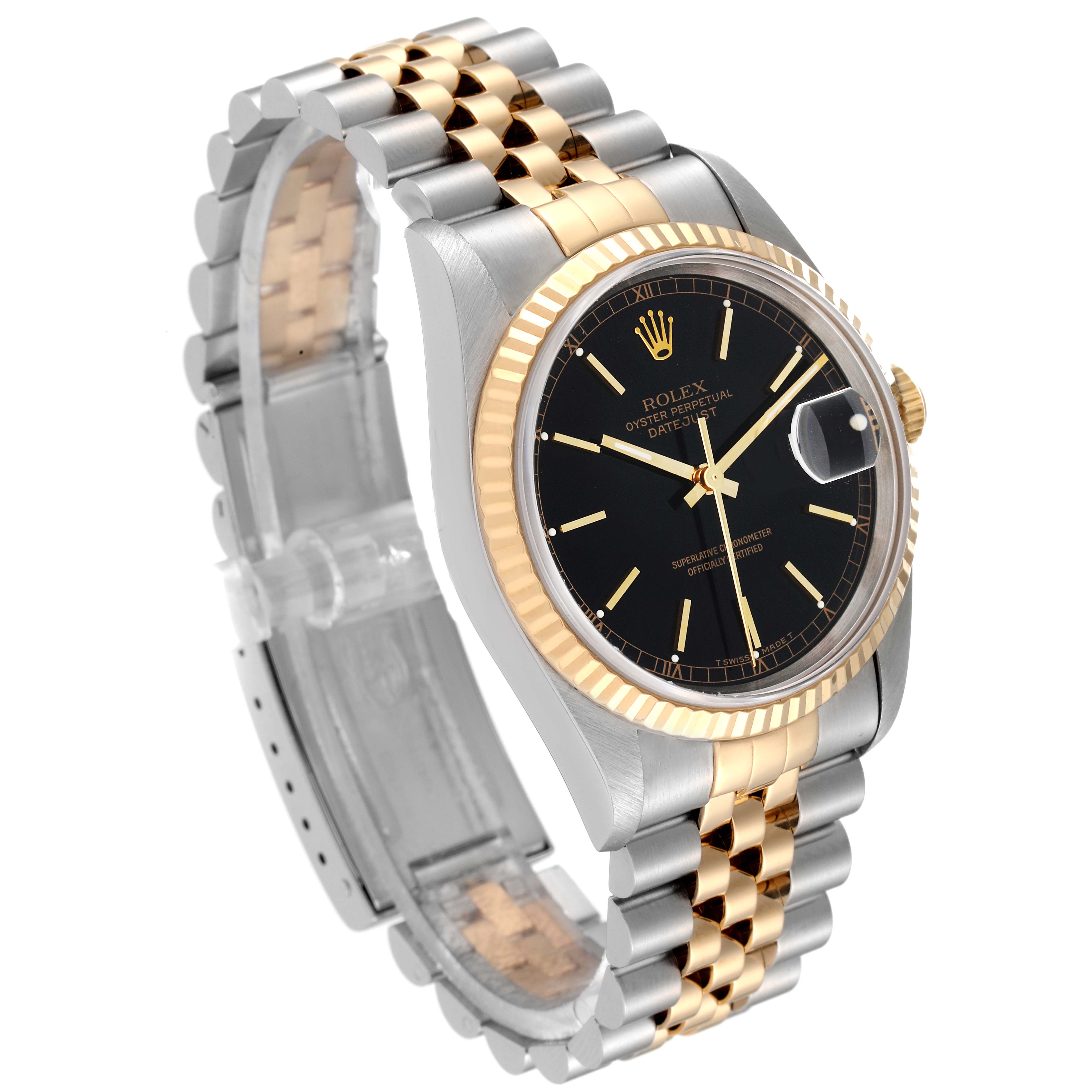 The Rolex Datejust 16233 Men's Steel and Gold (two tone) Black Dial 16233 Men's Steel and Gold (two tone) Black Dial watch is shown at a three-quarter angle, displaying its black dial, fluted bezel, and two-tone Jubilee bracelet.
