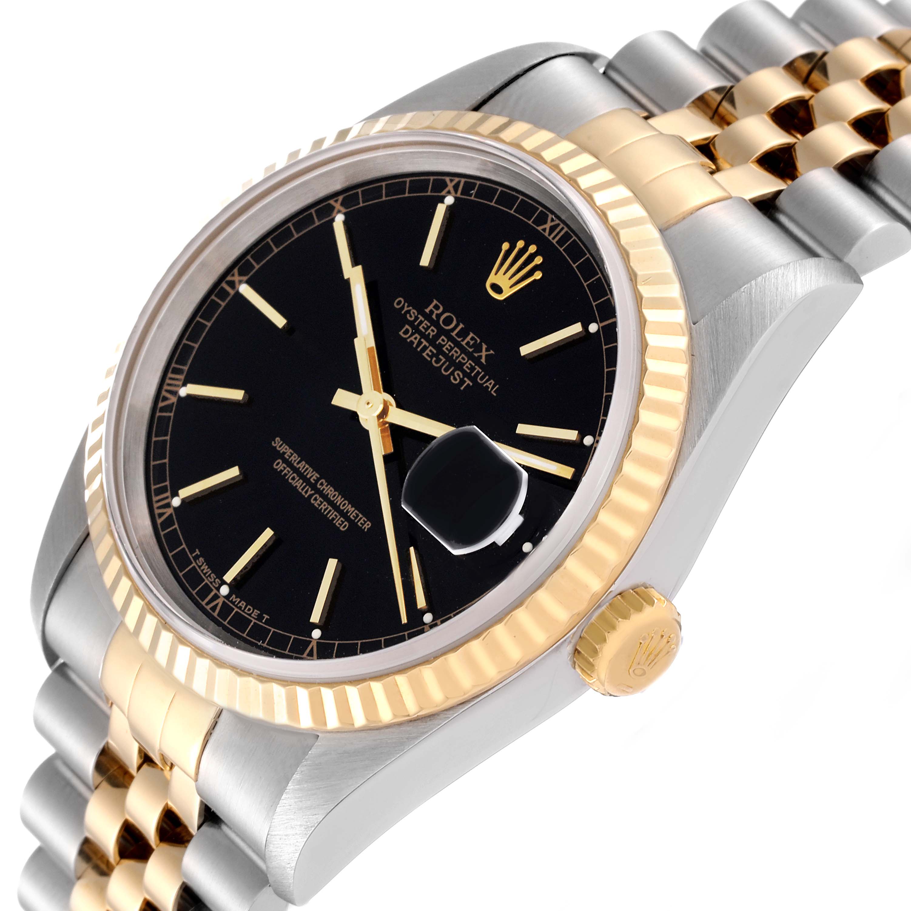 This image shows a Rolex Datejust 16233 Men's Steel and Gold (two tone) Black Dial 16233 Men's Steel and Gold (two tone) Black Dial watch from a side angle, highlighting the dial, bezel, and bracelet.