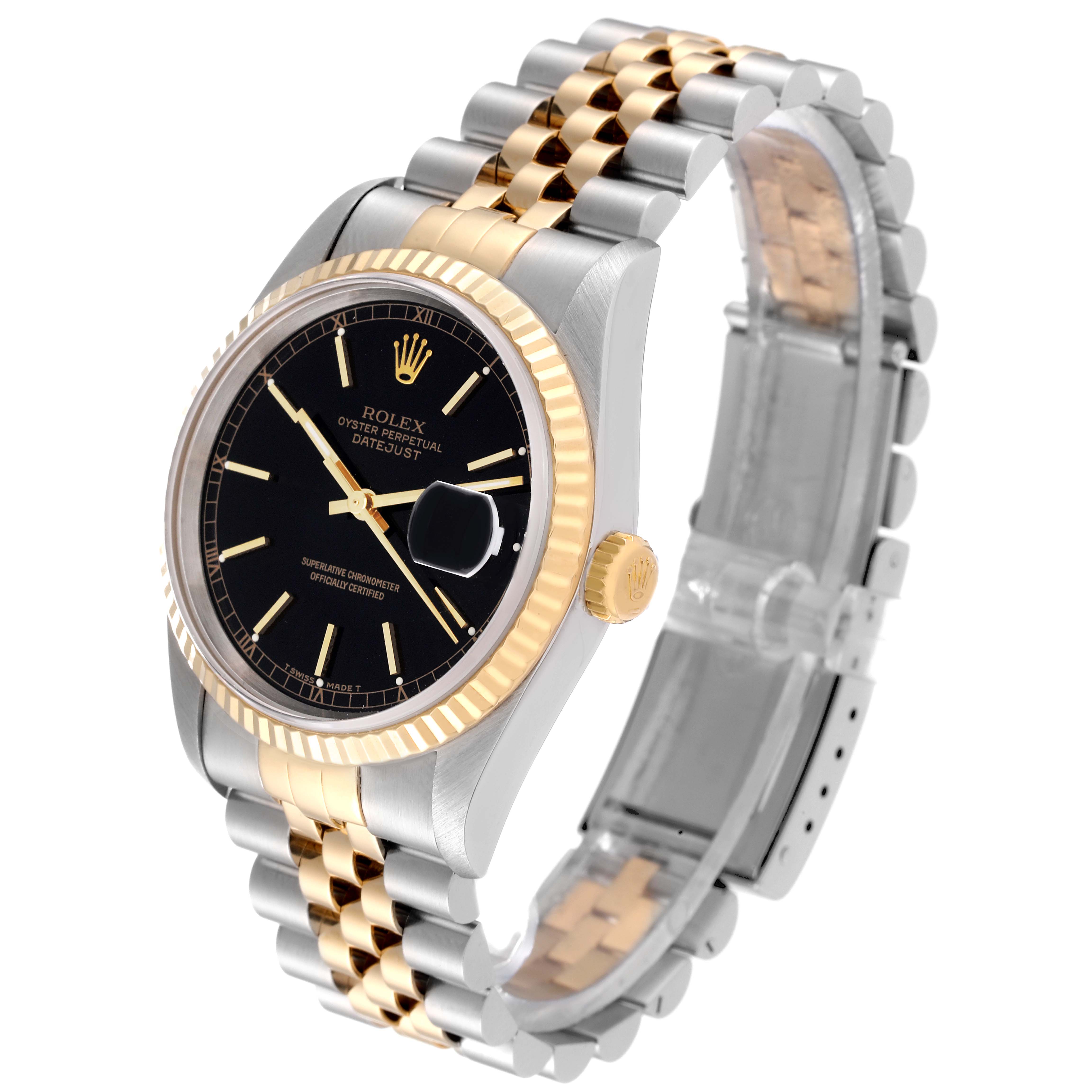 This Rolex Datejust 16233 Men's Steel and Gold (two tone) Black Dial 16233 Men's Steel and Gold (two tone) Black Dial model watch is shown from a three-quarter angle, highlighting the dial, bezel, crown, and bracelet.