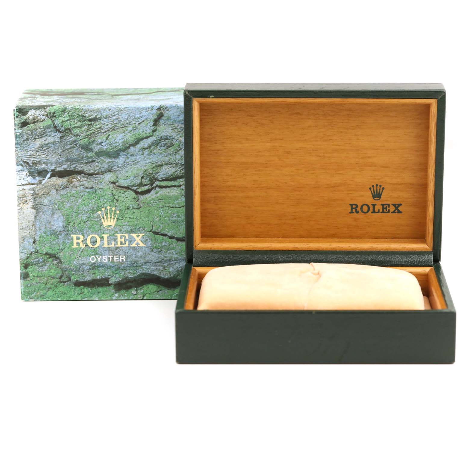 The image shows the open wooden box and outer packaging for a Rolex Datejust 16233 Men's Steel and Gold (two tone) Black Dial 16233 Men's Steel and Gold (two tone) Black Dial watch.