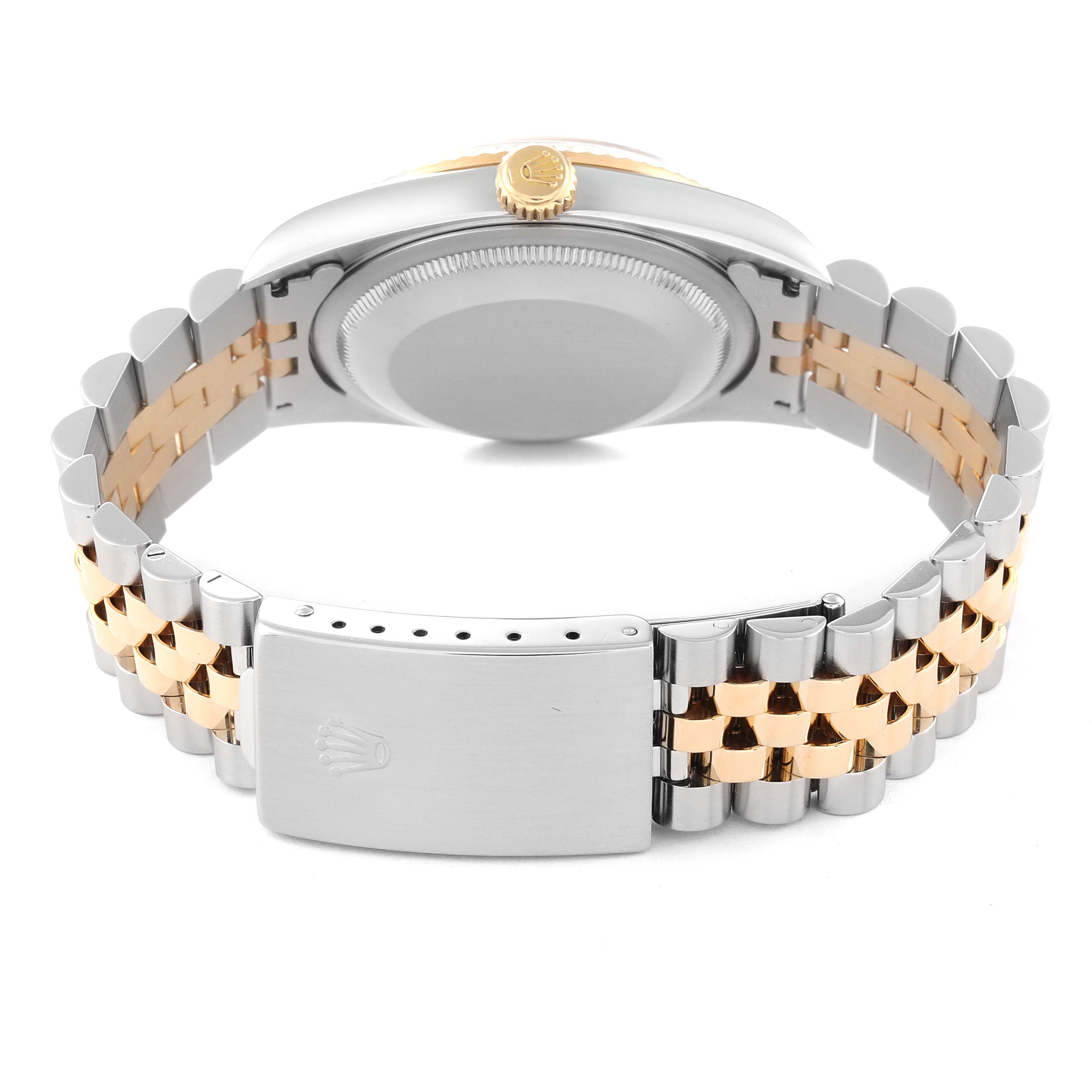 The image shows the back view of a Rolex Datejust 16233 Men's Steel and Gold (two tone) Black Dial 16233 Men's Steel and Gold (two tone) Black Dial watch, highlighting its clasp, two-tone bracelet, and case back.