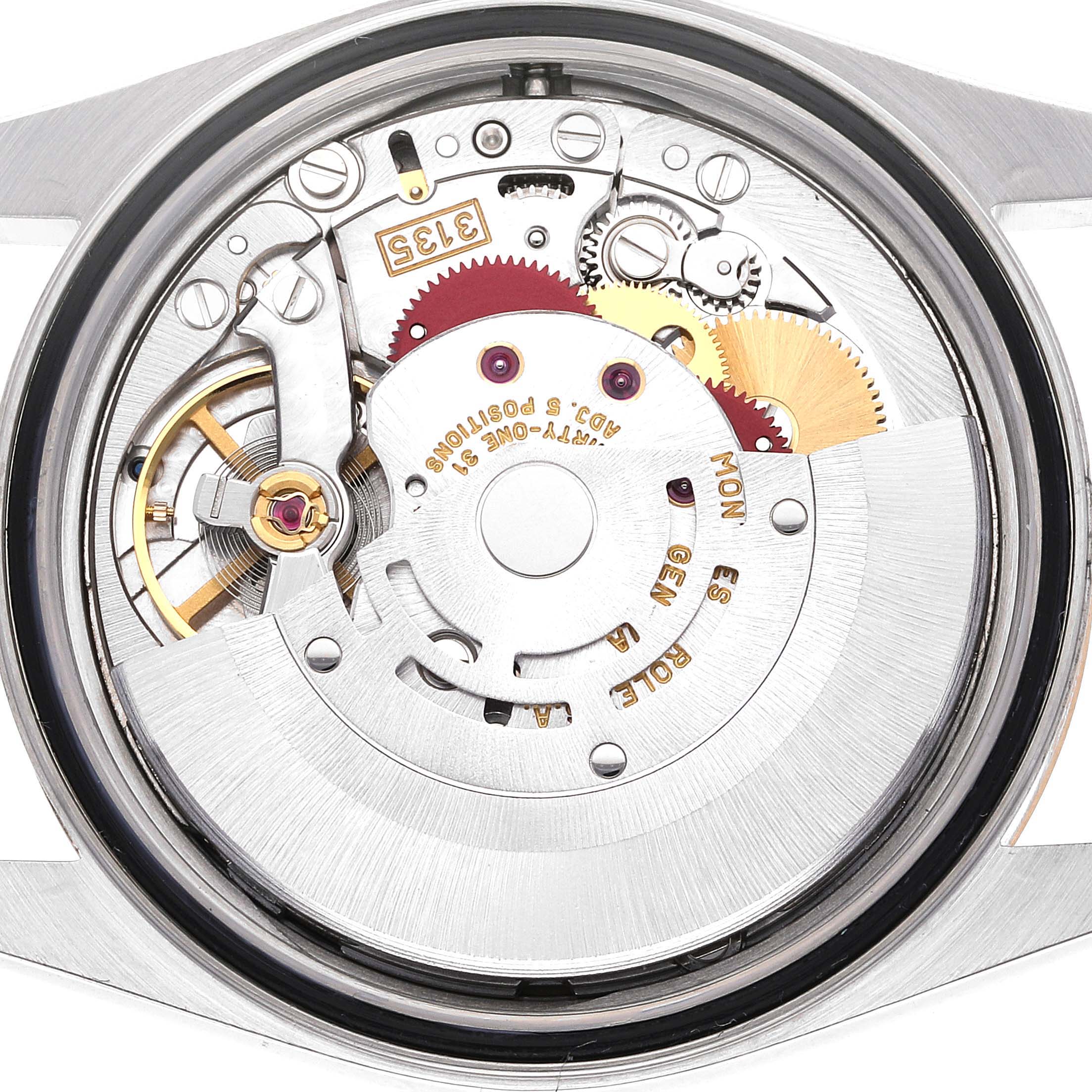 The image shows a close-up of the movement inside a Rolex Datejust 16233 Men's Steel and Gold (two tone) Black Dial 16233 Men's Steel and Gold (two tone) Black Dial watch from the back.