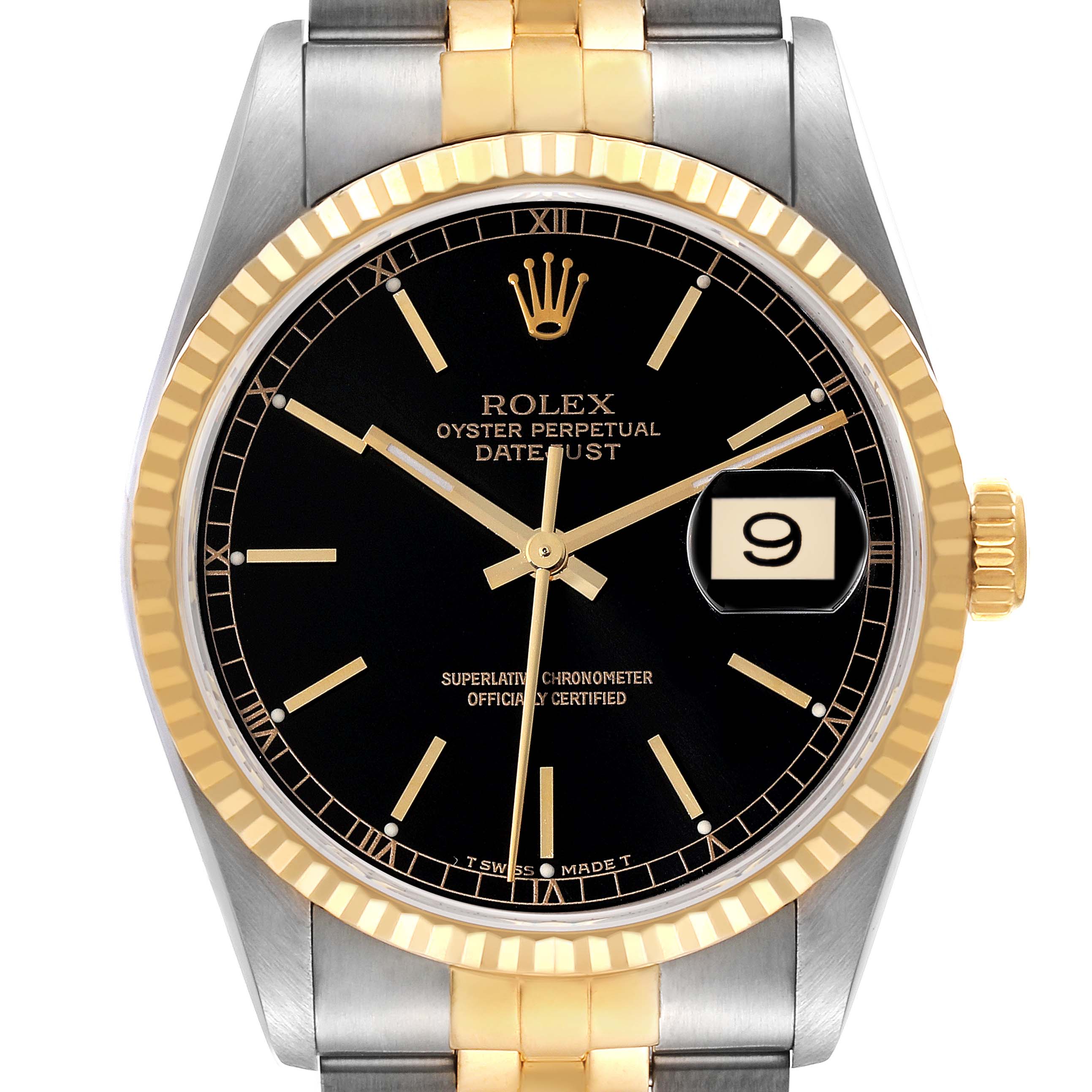 This image shows a front view of a Rolex Datejust 16233 Men's Steel and Gold (two tone) Black Dial 16233 Men's Steel and Gold (two tone) Black Dial watch featuring a black dial, date window, and two-tone metal bracelet.