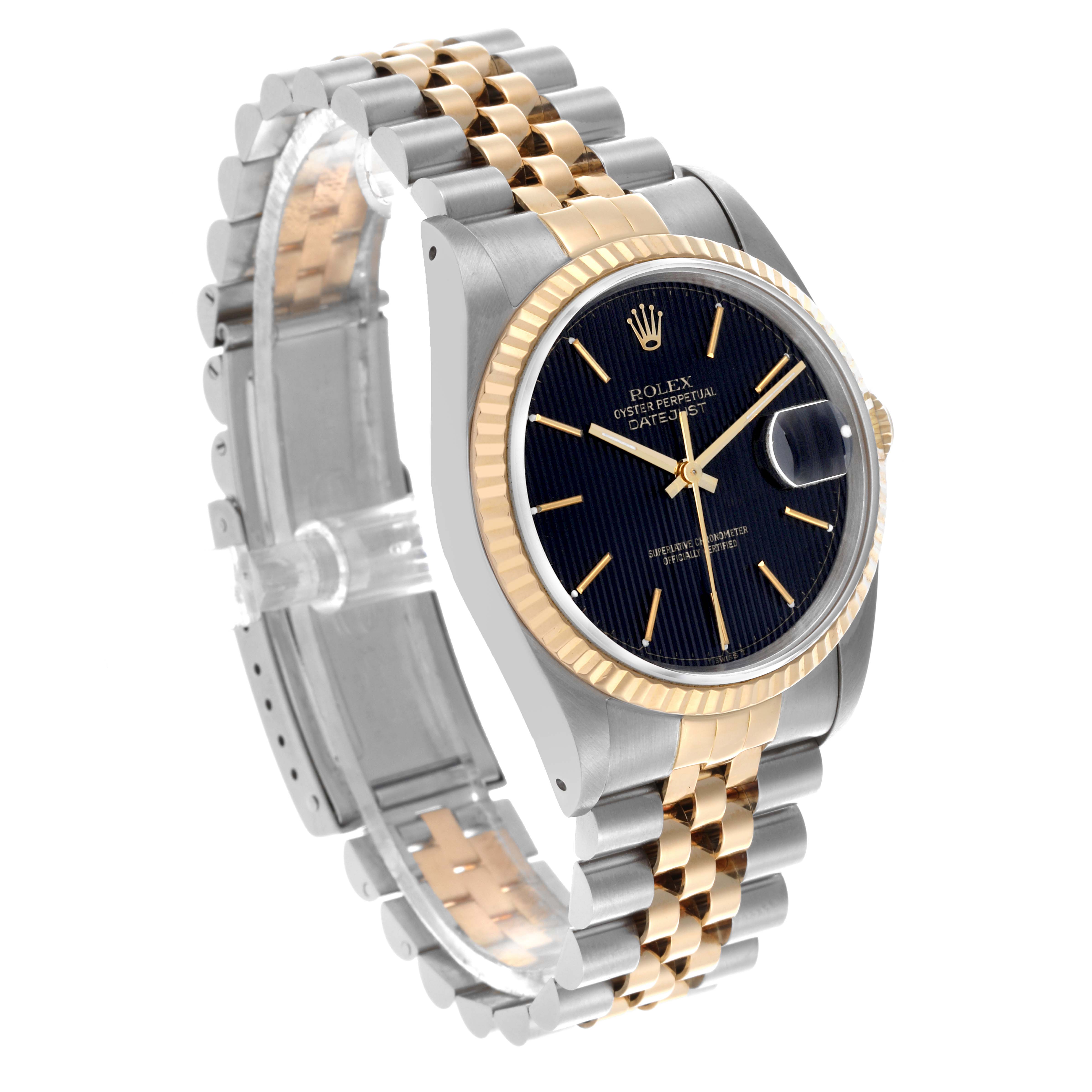 The image shows a Rolex Datejust 16233 Men's Steel and Gold (two tone) Black Dial 16233 Men's Steel and Gold (two tone) Black Dial watch from a three-quarter angle, displaying the case, bracelet, bezel, dial, and crown.