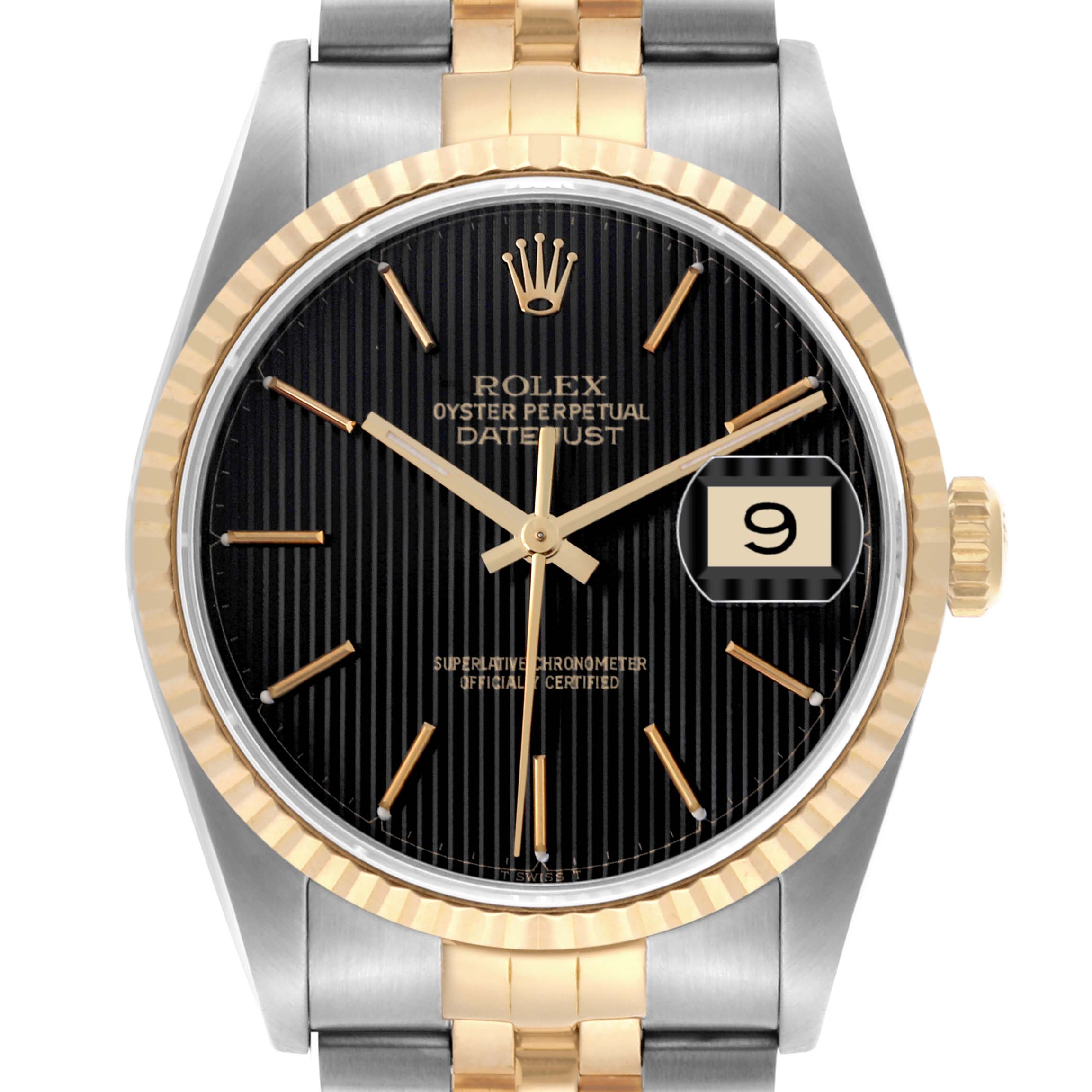 The Rolex Datejust 16233 Men's Steel and Gold (two tone) Black Dial 16233 Men's Steel and Gold (two tone) Black Dial watch is shown from the front, displaying the face, bezel, crown, and part of the bracelet.