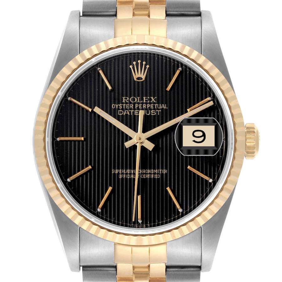 The Rolex Datejust watch is shown from the front, displaying the face, bezel, crown, and part of the bracelet.