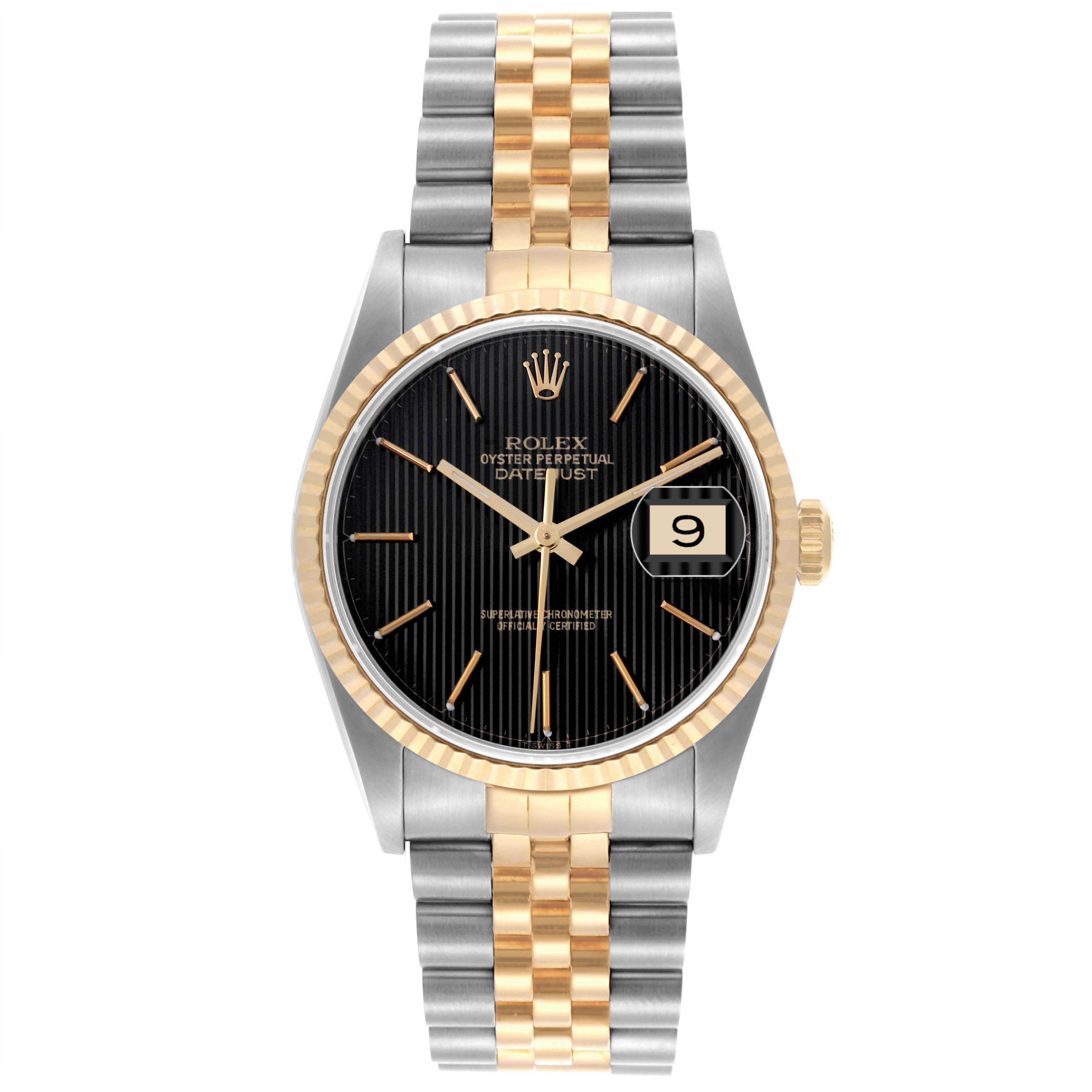 The Rolex Datejust 16233 Men's Steel and Gold (two tone) Black Dial 16233 Men's Steel and Gold (two tone) Black Dial watch is shown from a straight-on angle, featuring its face, bezel, and two-tone bracelet.