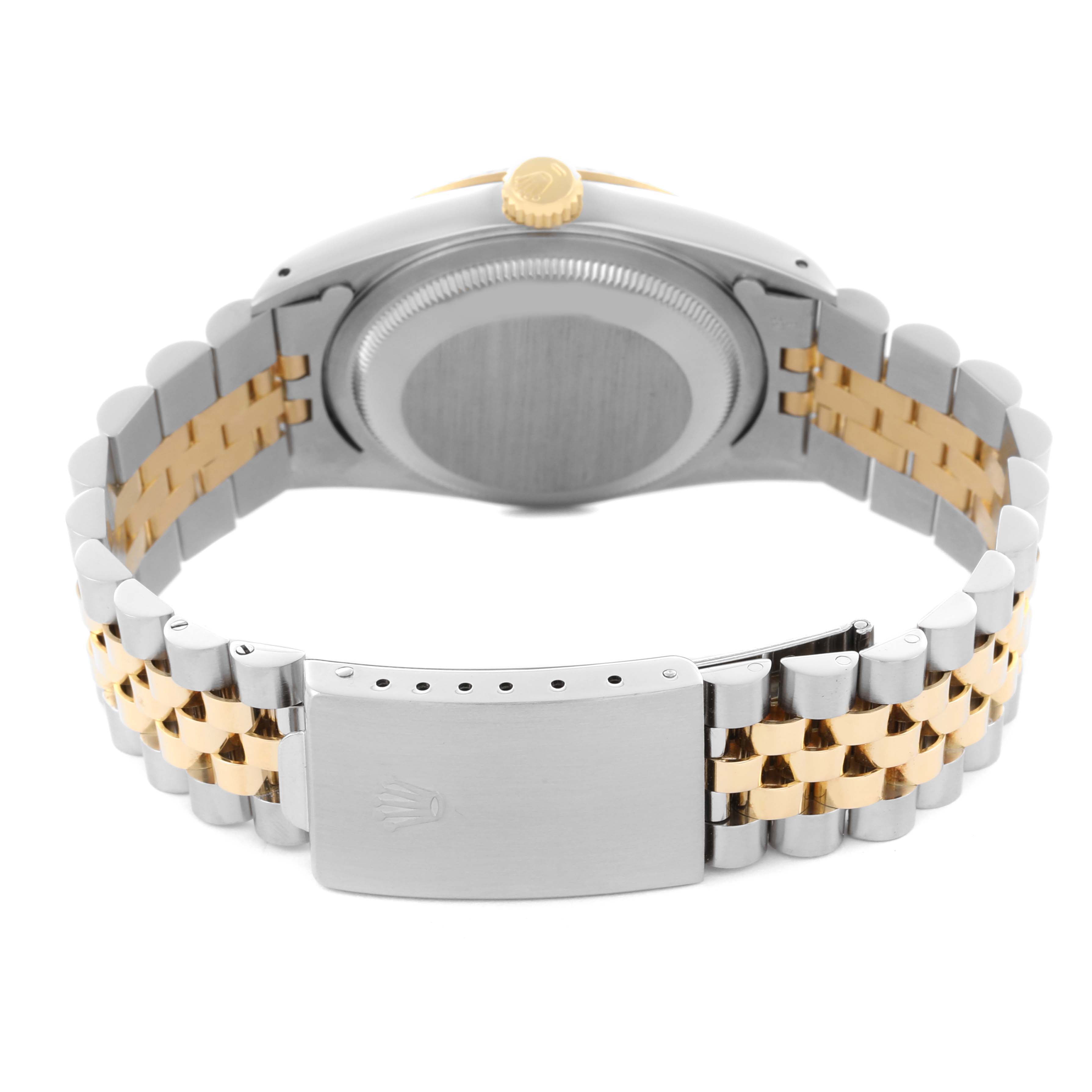 The image shows the back of a Rolex Datejust 16233 Men's Steel and Gold (two tone) Black Dial 16233 Men's Steel and Gold (two tone) Black Dial watch, focusing on the clasp, bracelet, and case back.