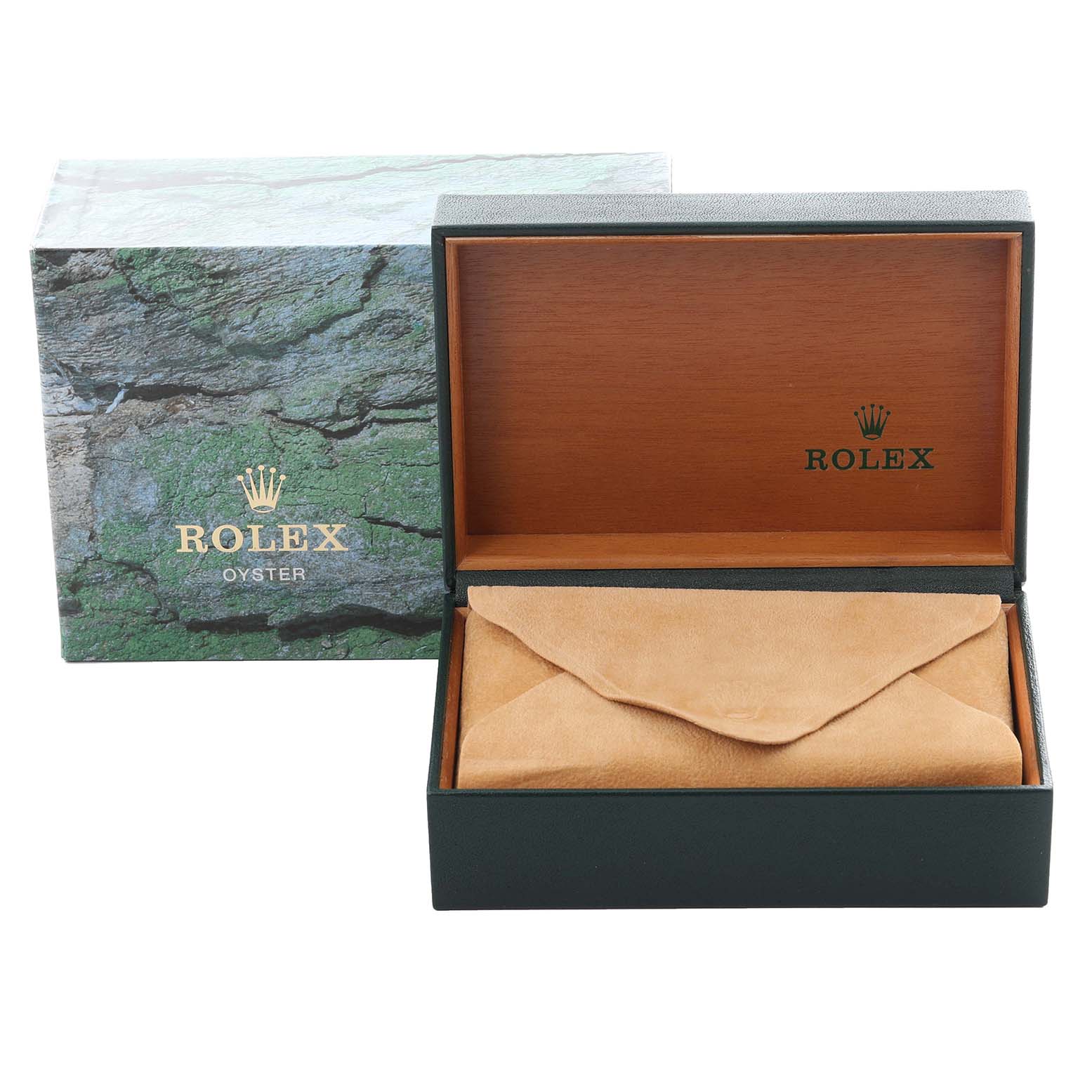 The image shows a Rolex Datejust 16233 Men's Steel and Gold (two tone) Black Dial 16233 Men's Steel and Gold (two tone) Black Dial box with an open lid and a suede pouch inside.