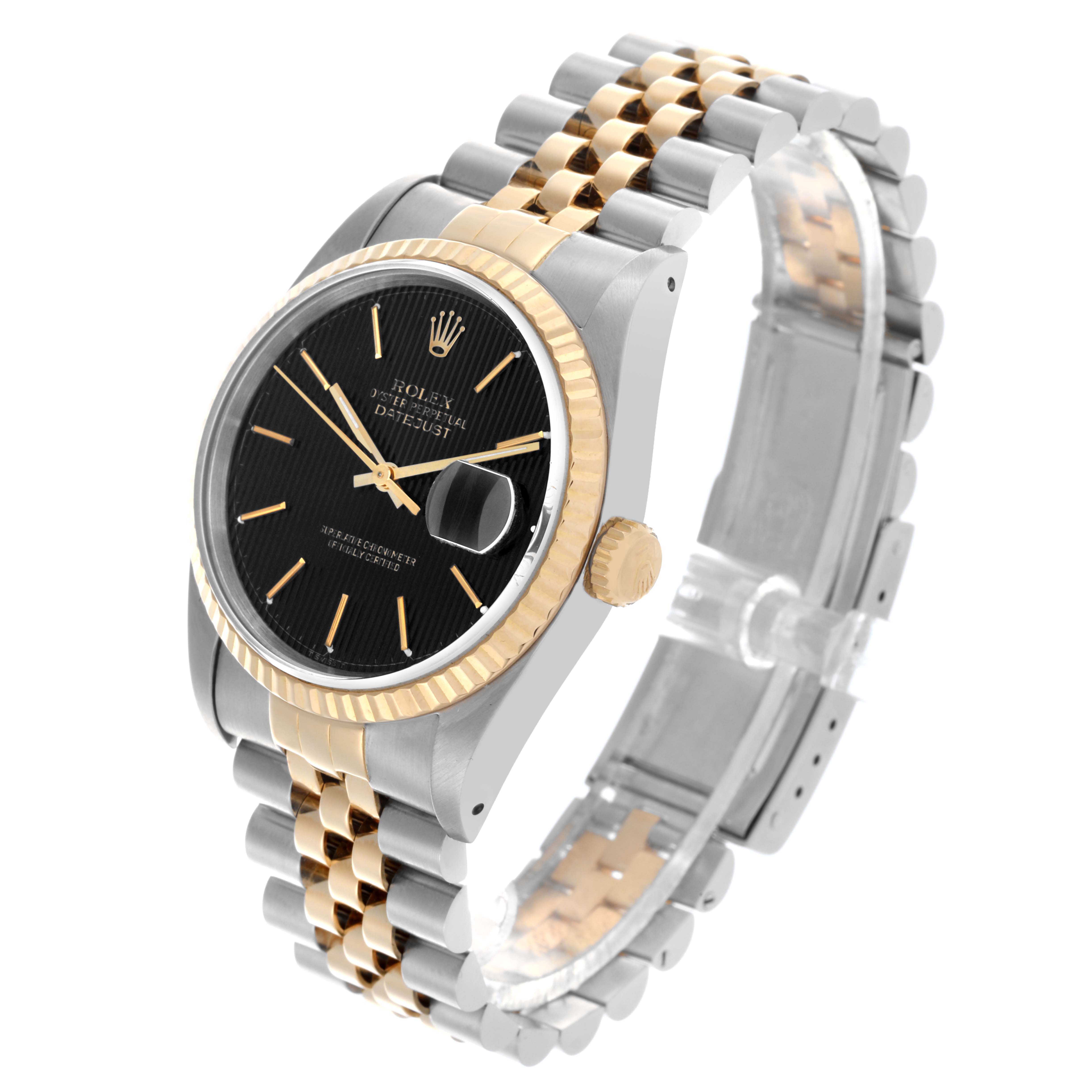 The Rolex Datejust 16233 Men's Steel and Gold (two tone) Black Dial 16233 Men's Steel and Gold (two tone) Black Dial watch is shown at a three-quarter angle, highlighting the face, bezel, case, and bracelet.
